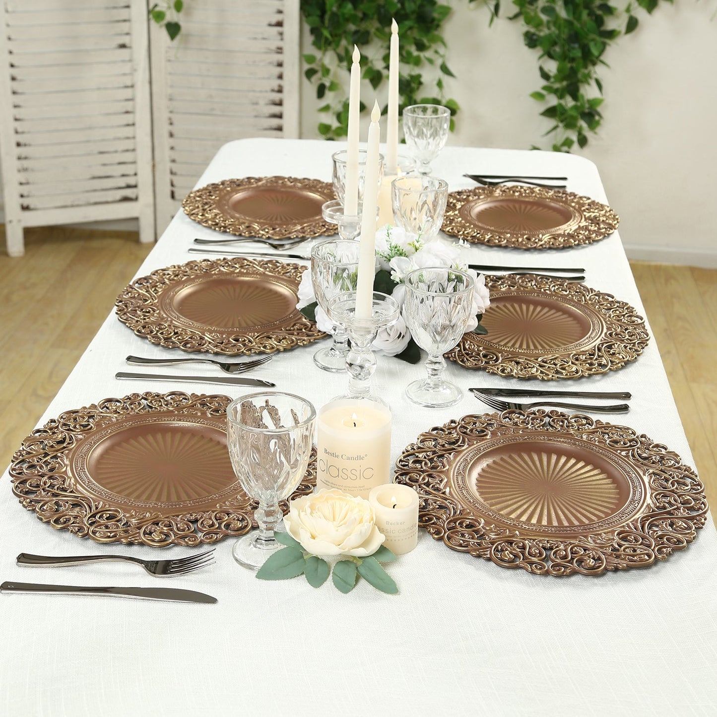 6-Pack Acrylic Round Charger Plates 13" in Brown / Brushed Gold with Vintage Floral Carved Rim, Event Tabletop Decorative Charger Tableware