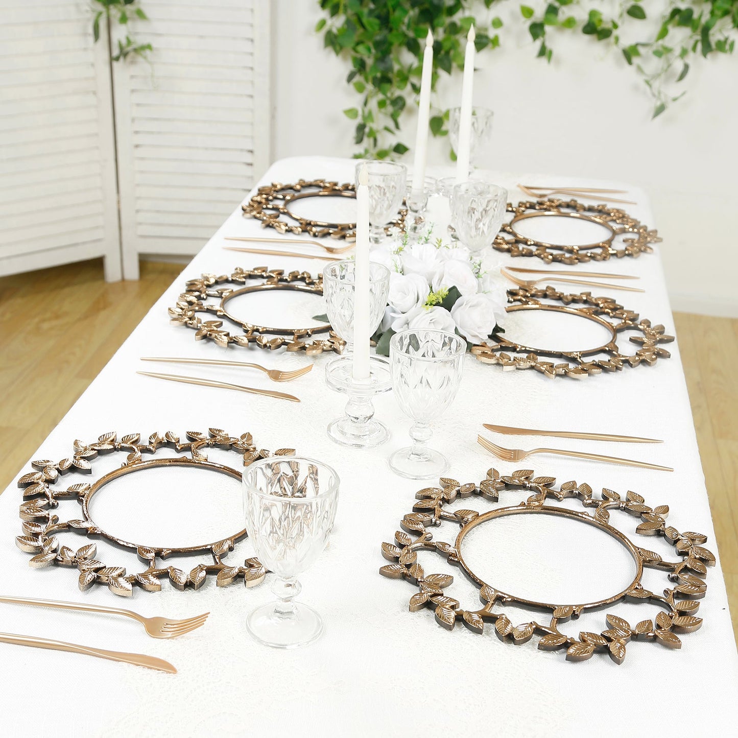 6 Pack Acrylic Plastic 13" Charger Plates in Gold Leaf Wreath Design â€“ Round Decorative Dinner Table Plates