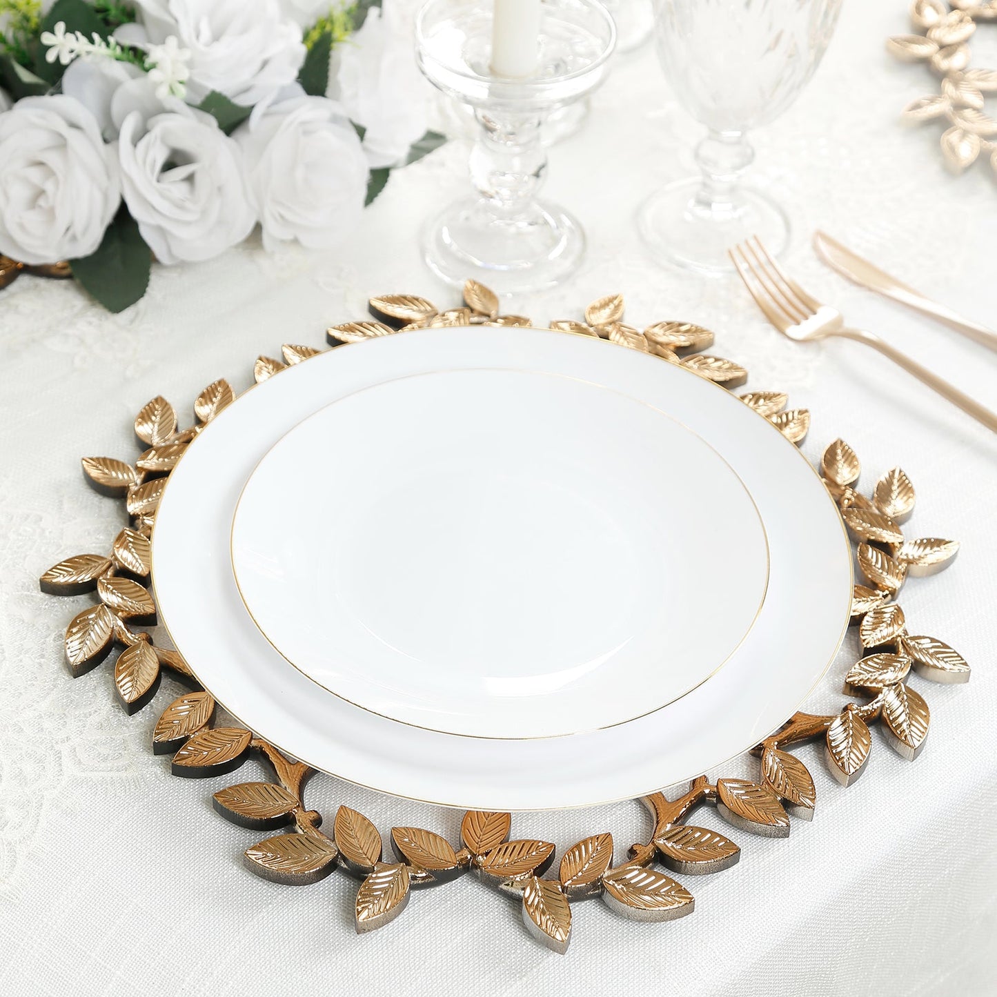 6 Pack Acrylic Plastic 13" Charger Plates in Gold Leaf Wreath Design â€“ Round Decorative Dinner Table Plates