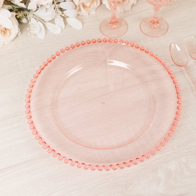 6-Pack Acrylic Round Charger Plates 13" in Transparent Blush with Beaded Rim, Decorative Dinner Party Serving Plates