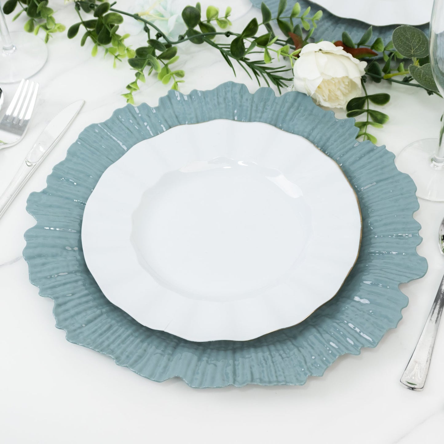 10 Pack Economy Reef Plastic Charger Plates â€“ 13" Dusty Blue Dinner Plate Chargers for Weddings, Parties & Catering