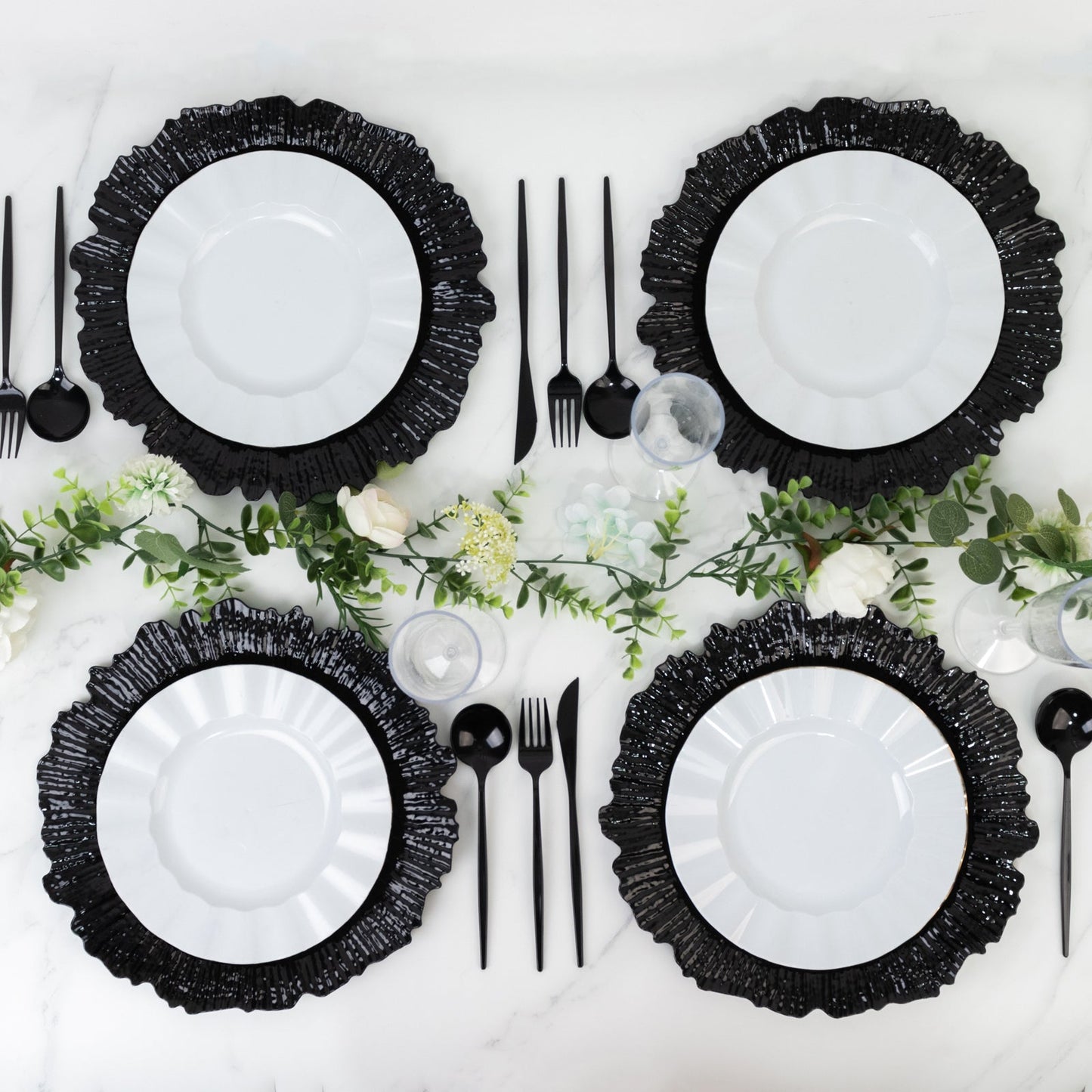 10 Pack Economy Reef Plastic Charger Plates â€“ 13" Black Dinner Plate Chargers for Weddings, Parties & Catering
