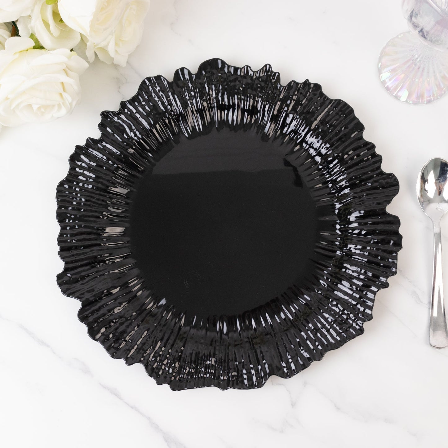 10 Pack Economy Reef Plastic Charger Plates â€“ 13" Black Dinner Plate Chargers for Weddings, Parties & Catering