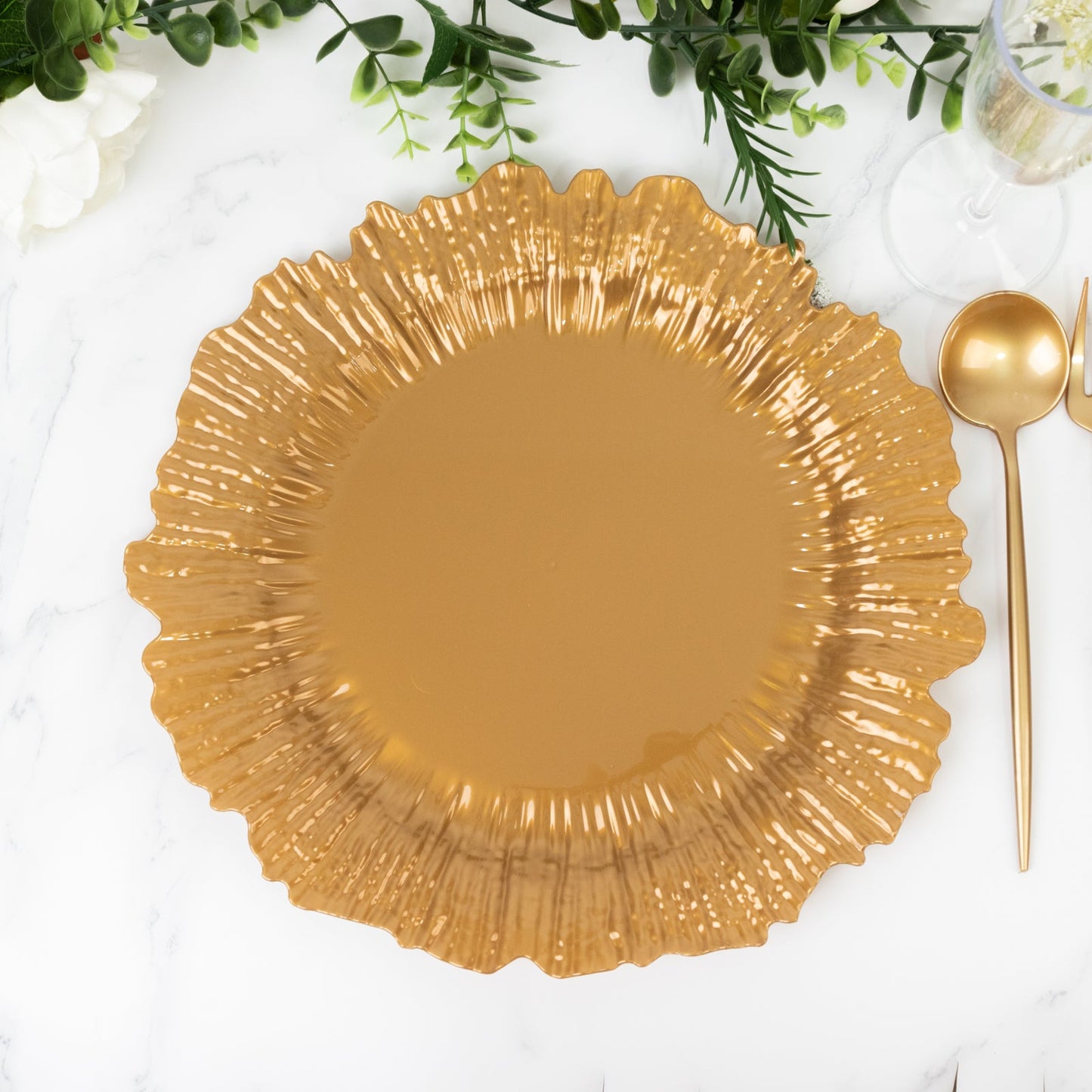 10 Pack Economy Reef Plastic Charger Plates â€“ 13" Gold Dinner Plate Chargers for Weddings, Parties & Catering