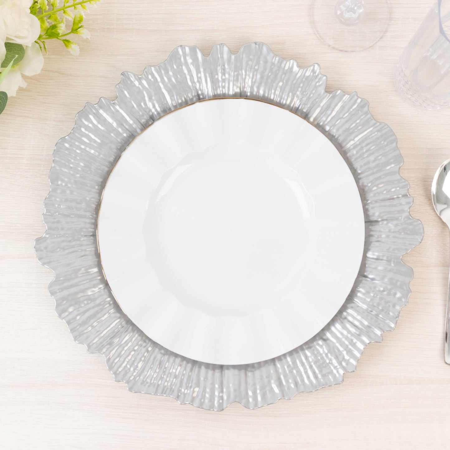 10 Pack Economy Reef Plastic Charger Plates â€“ 13" Silver Dinner Plate Chargers for Weddings, Parties & Catering