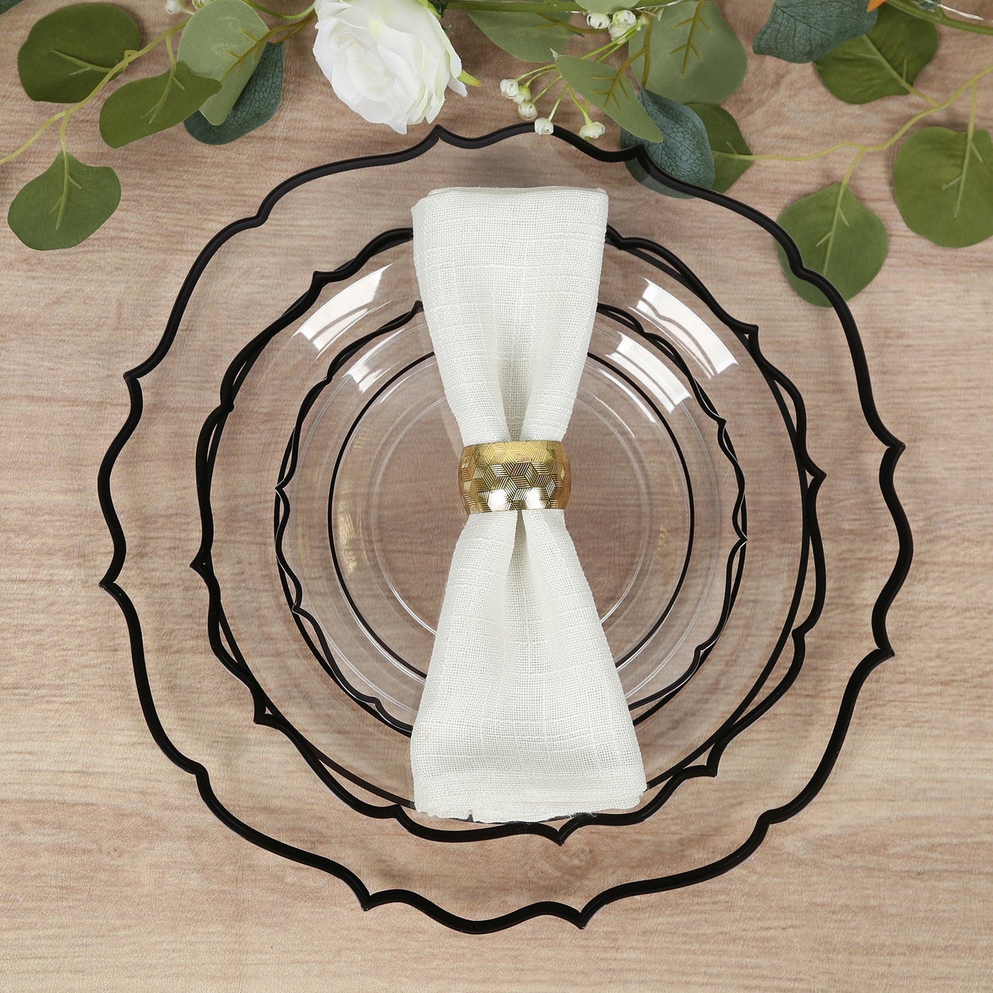 10-Pack Economy Plastic Round Charger Plates 13" in Clear with Black Scalloped Rim, Decorative Dinner Party Serving Plates