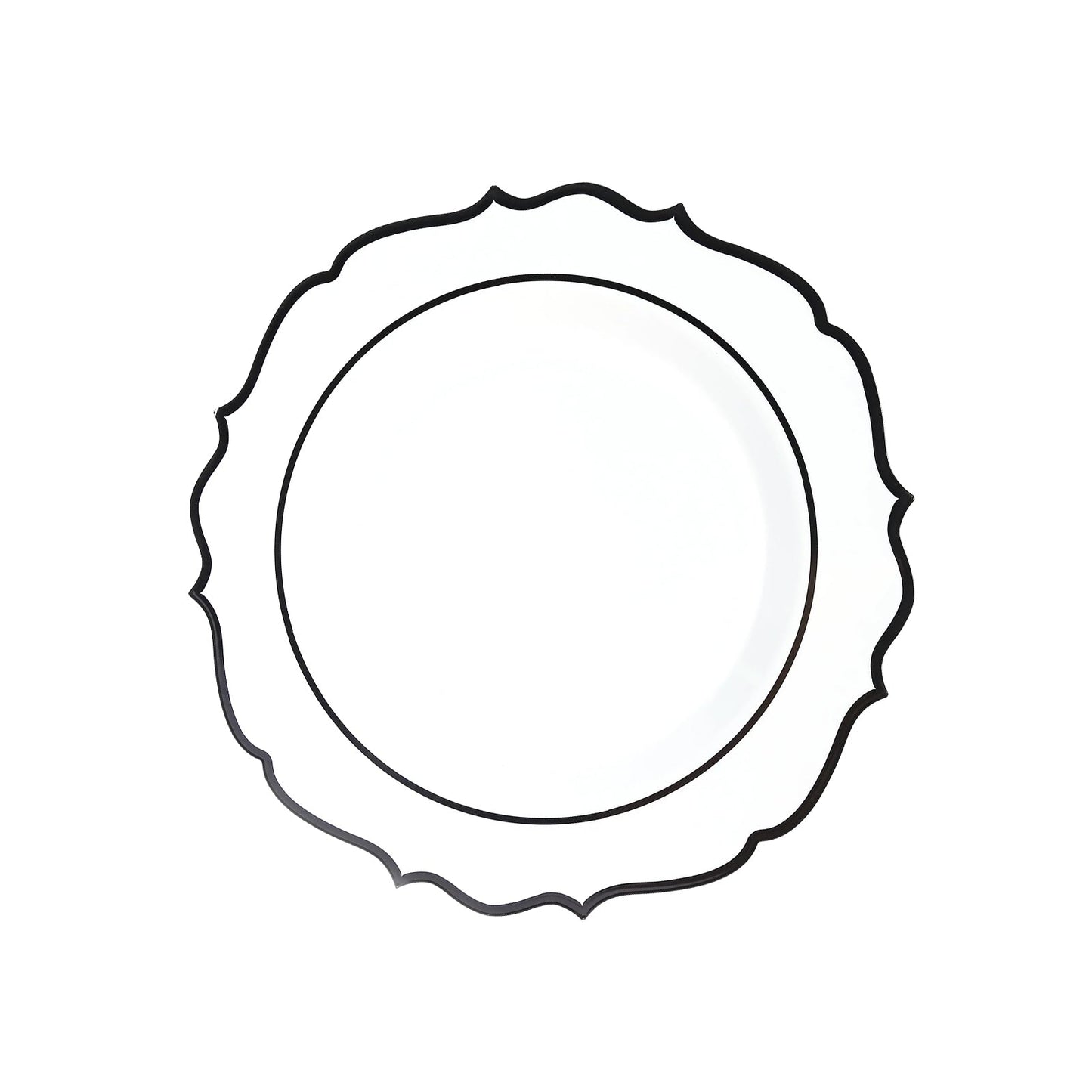 10-Pack Economy Plastic Round Charger Plates 13" in White with Black Scalloped Rim, Decorative Dinner Party Serving Plates