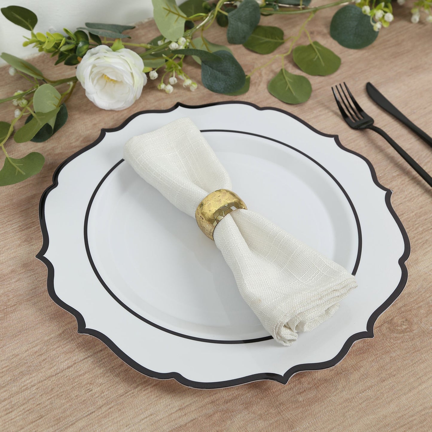 10-Pack Economy Plastic Round Charger Plates 13" in White with Black Scalloped Rim, Decorative Dinner Party Serving Plates