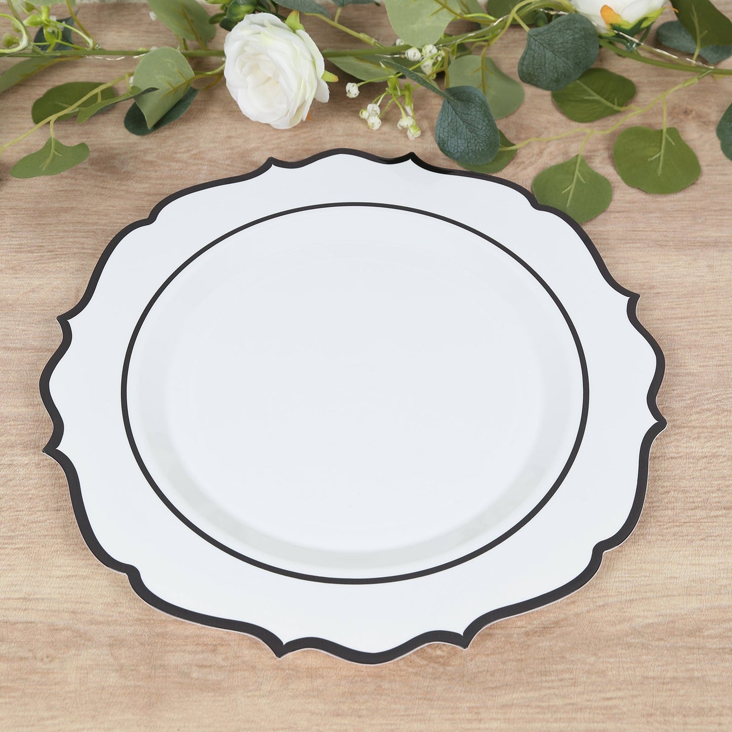 10-Pack Economy Plastic Round Charger Plates 13" in White with Black Scalloped Rim, Decorative Dinner Party Serving Plates