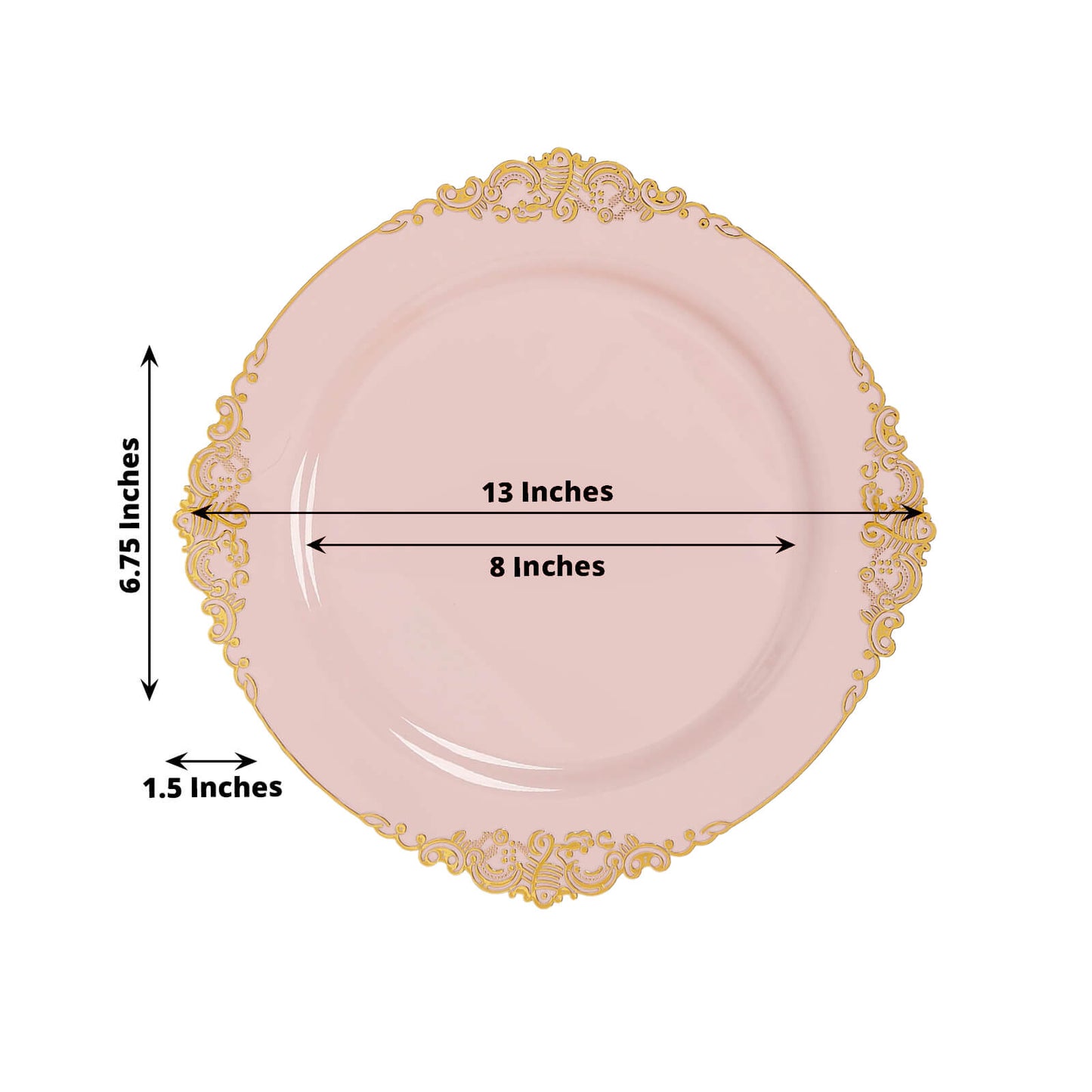 20-Pack Economy Plastic Round Charger Plates 13" in Blush with Gold Embossed Baroque Rim, Stylish Dinner Party Serving Plates