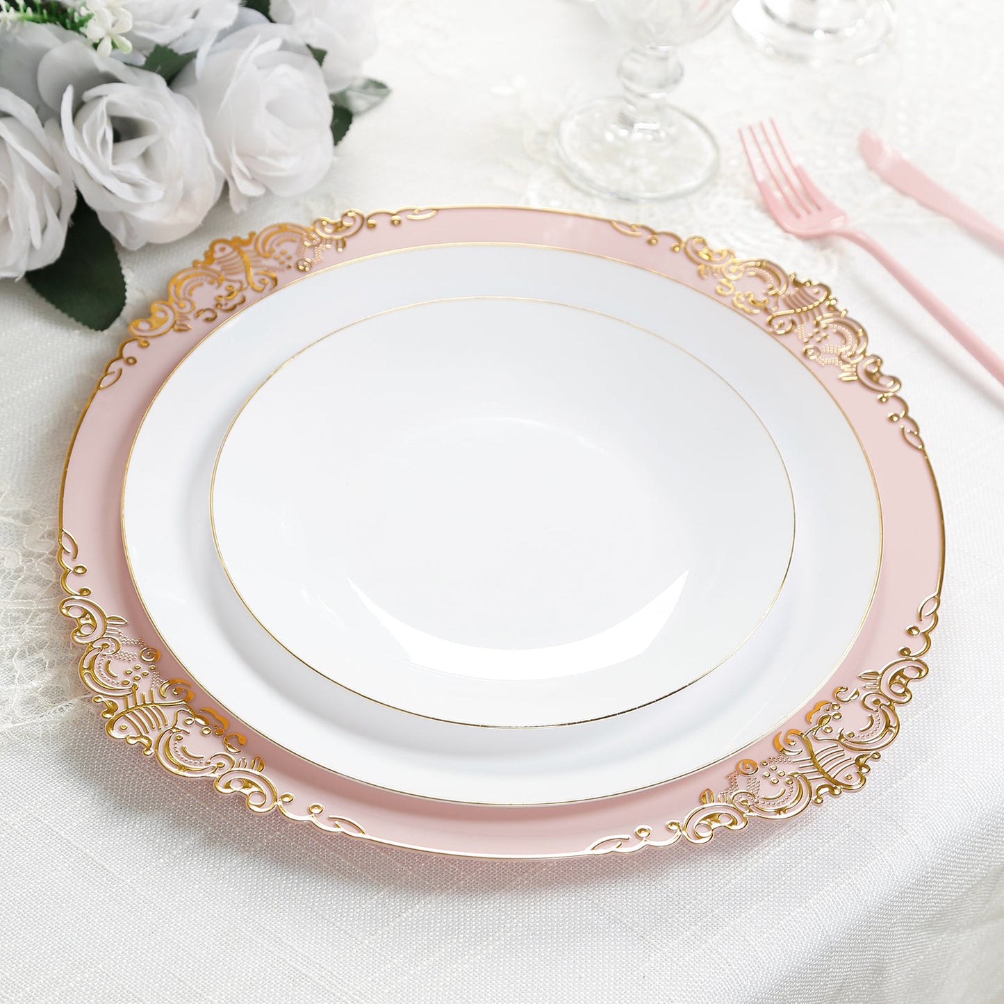 20-Pack Economy Plastic Round Charger Plates 13" in Blush with Gold Embossed Baroque Rim, Stylish Dinner Party Serving Plates
