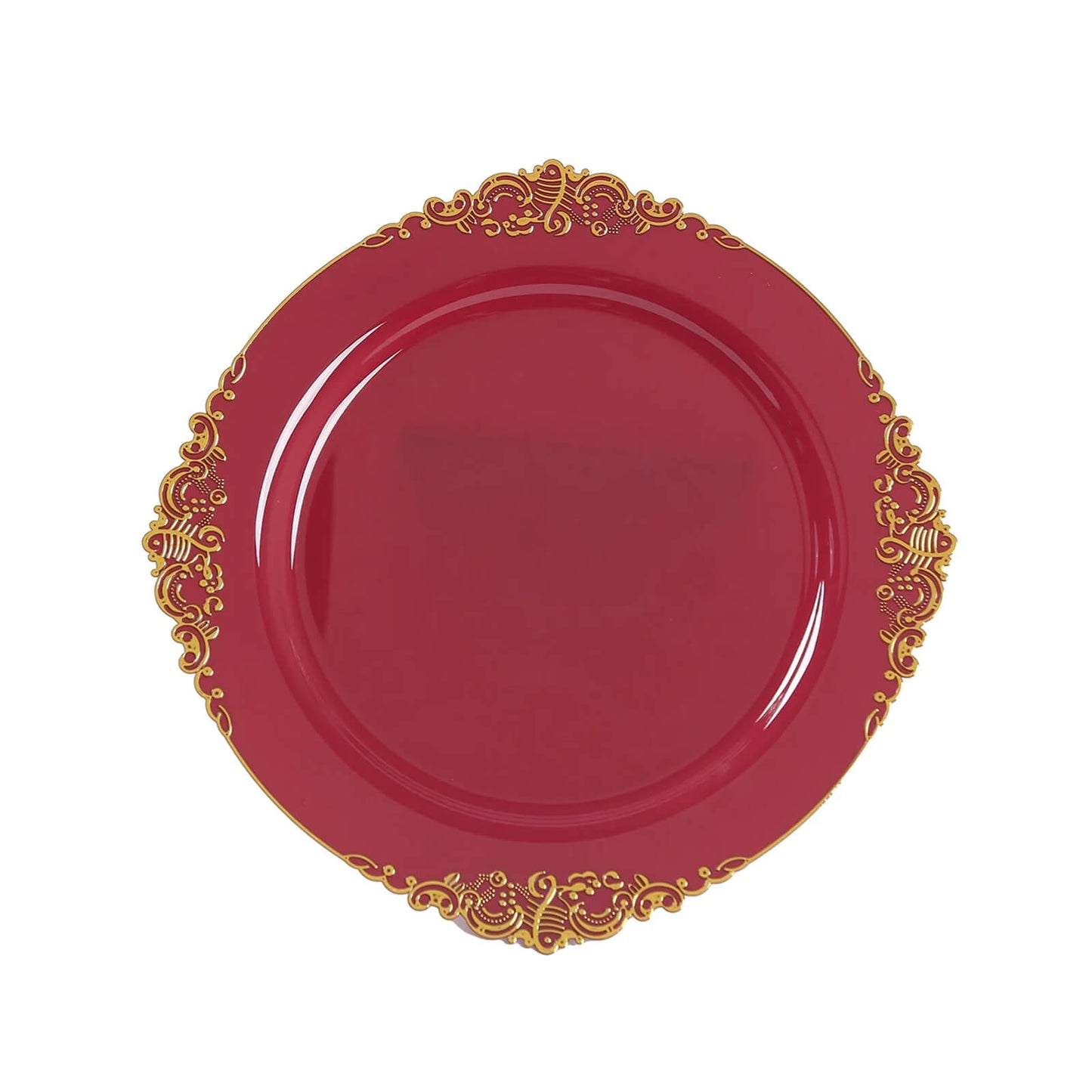 20-Pack Economy Plastic Round Charger Plates 13" in Burgundy with Gold Embossed Baroque Rim, Stylish Dinner Party Serving Plates