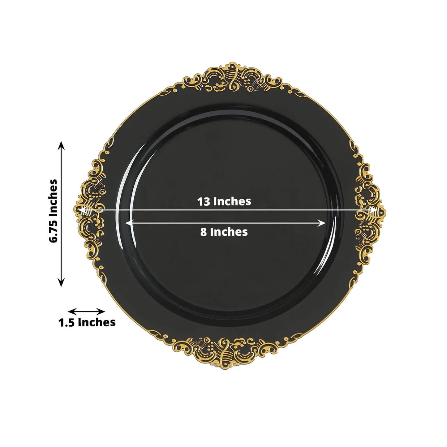 20-Pack Economy Plastic Round Charger Plates 13" in Black with Gold Embossed Baroque Rim, Stylish Dinner Party Serving Plates