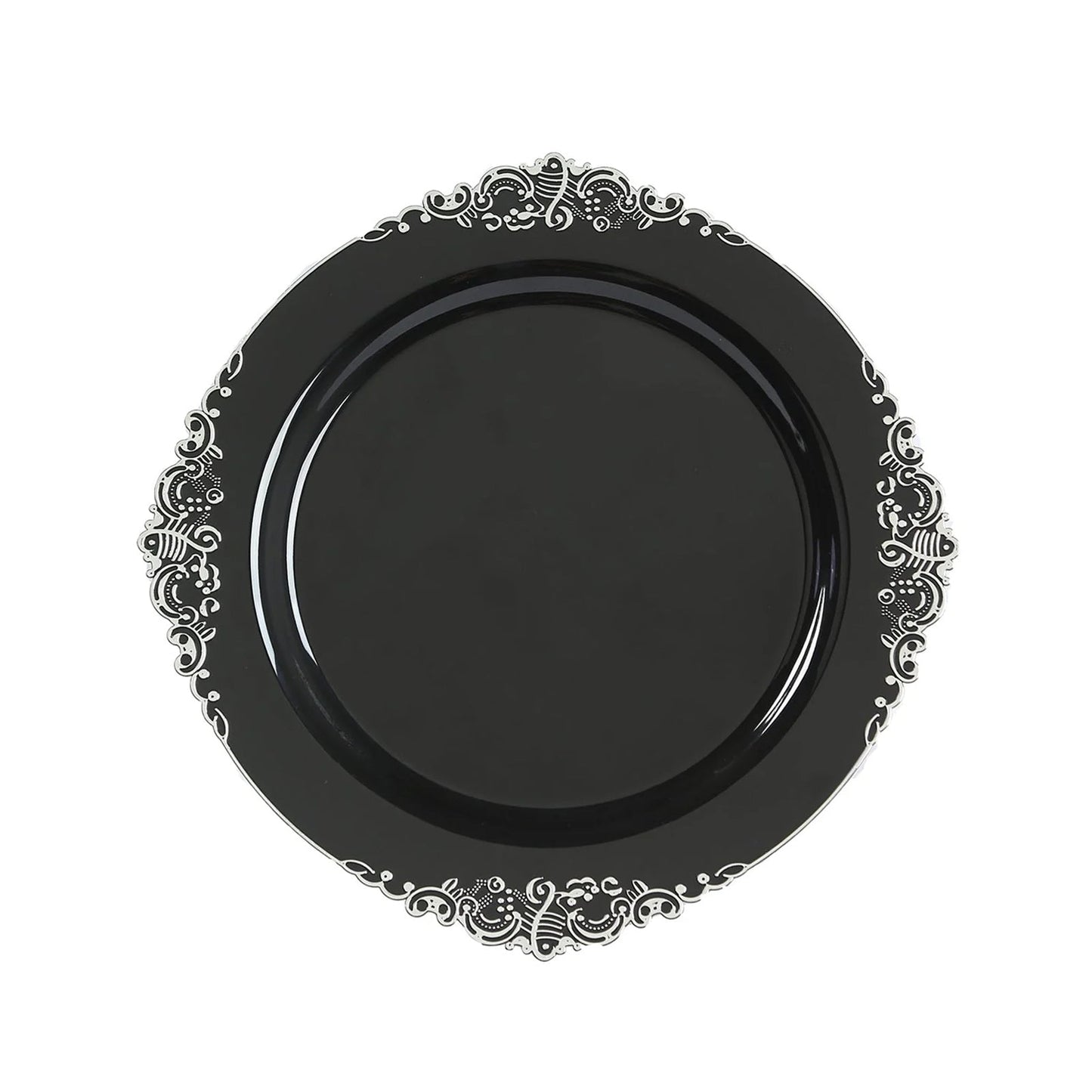 20-Pack Economy Plastic Round Charger Plates 13" in Black with Silver Embossed Baroque Rim, Stylish Dinner Party Serving Plates