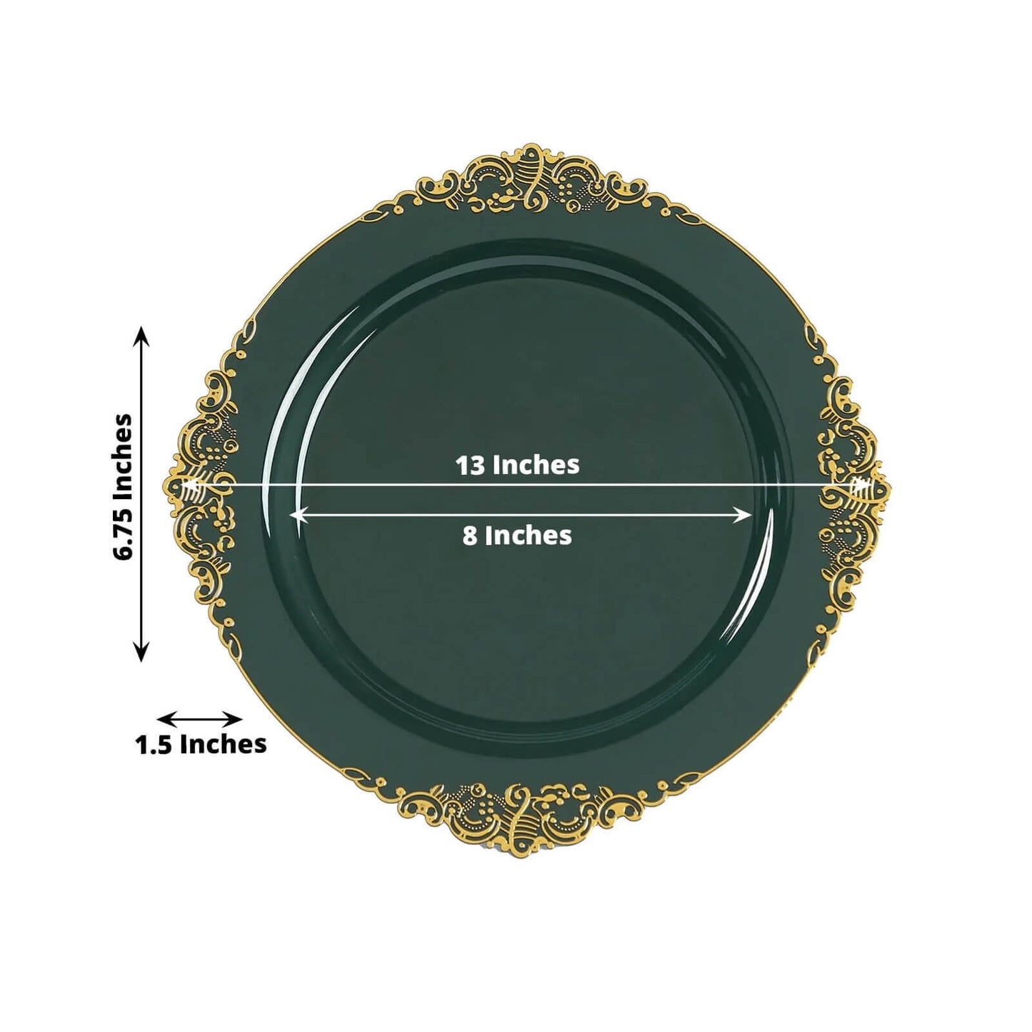 20-Pack Economy Plastic Round Charger Plates 13" in Hunter Emerald Green with Gold Embossed Baroque Rim, Stylish Dinner Party Serving Plates