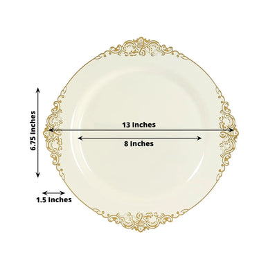 20-Pack Economy Plastic Round Charger Plates 13" in Ivory with Gold Embossed Baroque Rim, Stylish Dinner Party Serving Plates