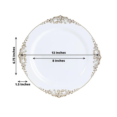 20-Pack Economy Plastic Round Charger Plates 13" in White with Gold Embossed Baroque Rim, Stylish Dinner Party Serving Plates
