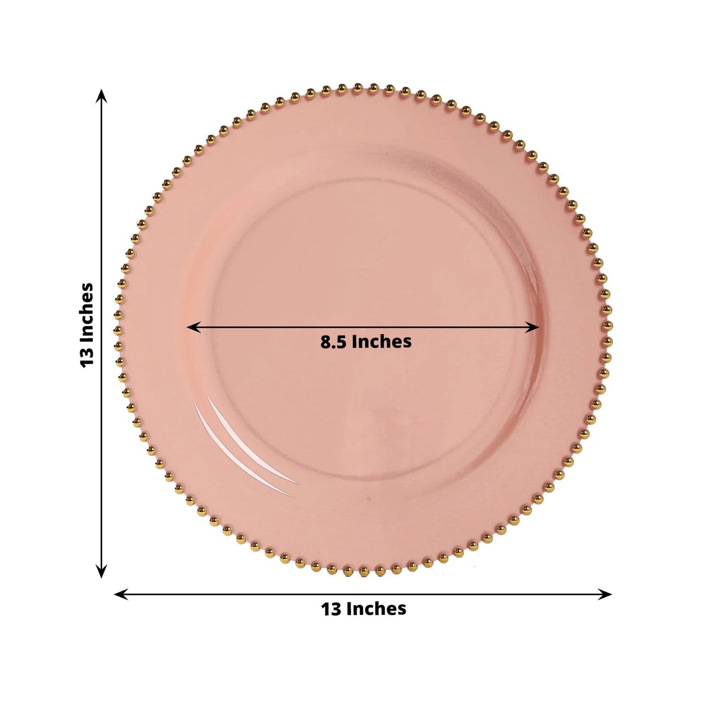 10-Pack Economy Round Plastic Charger Plates 13" in Dusty Rose with Gold Beaded Rim, Stylish Dinner Party Serving Plates