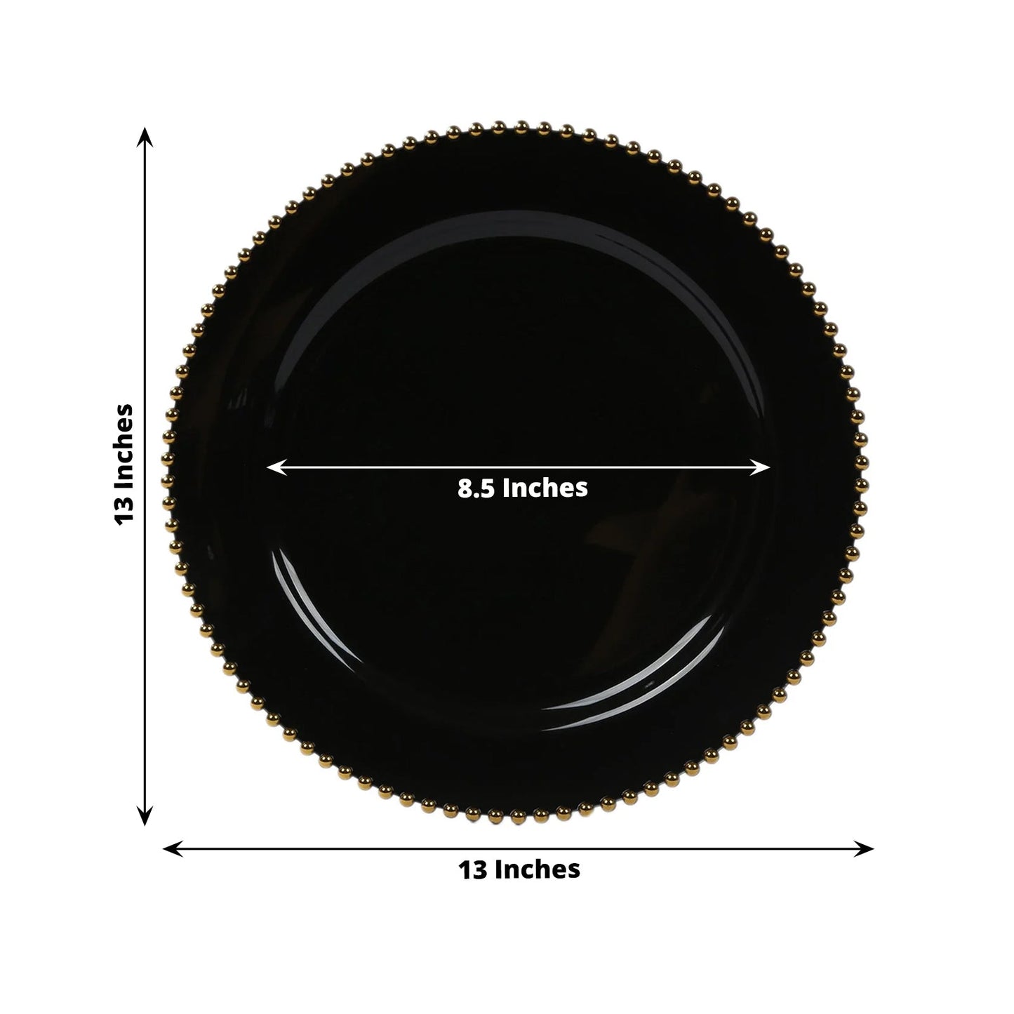 10-Pack Economy Round Plastic Charger Plates 13" in Black with Gold Beaded Rim, Stylish Dinner Party Serving Plates