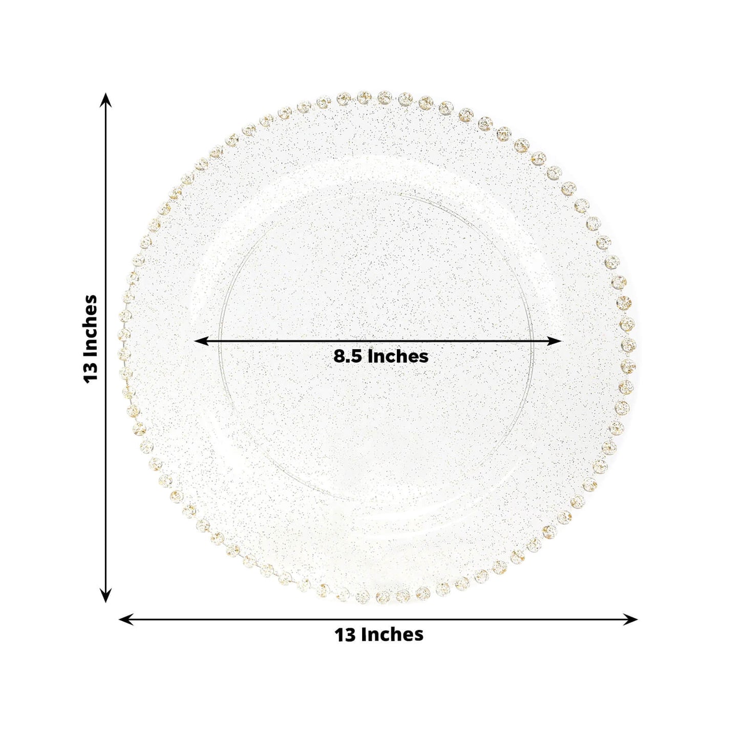 10-Pack Economy Round Plastic Charger Plates 13" in Clear/Gold Glitter with Beaded Rim, Stylish Dinner Party Serving Plates