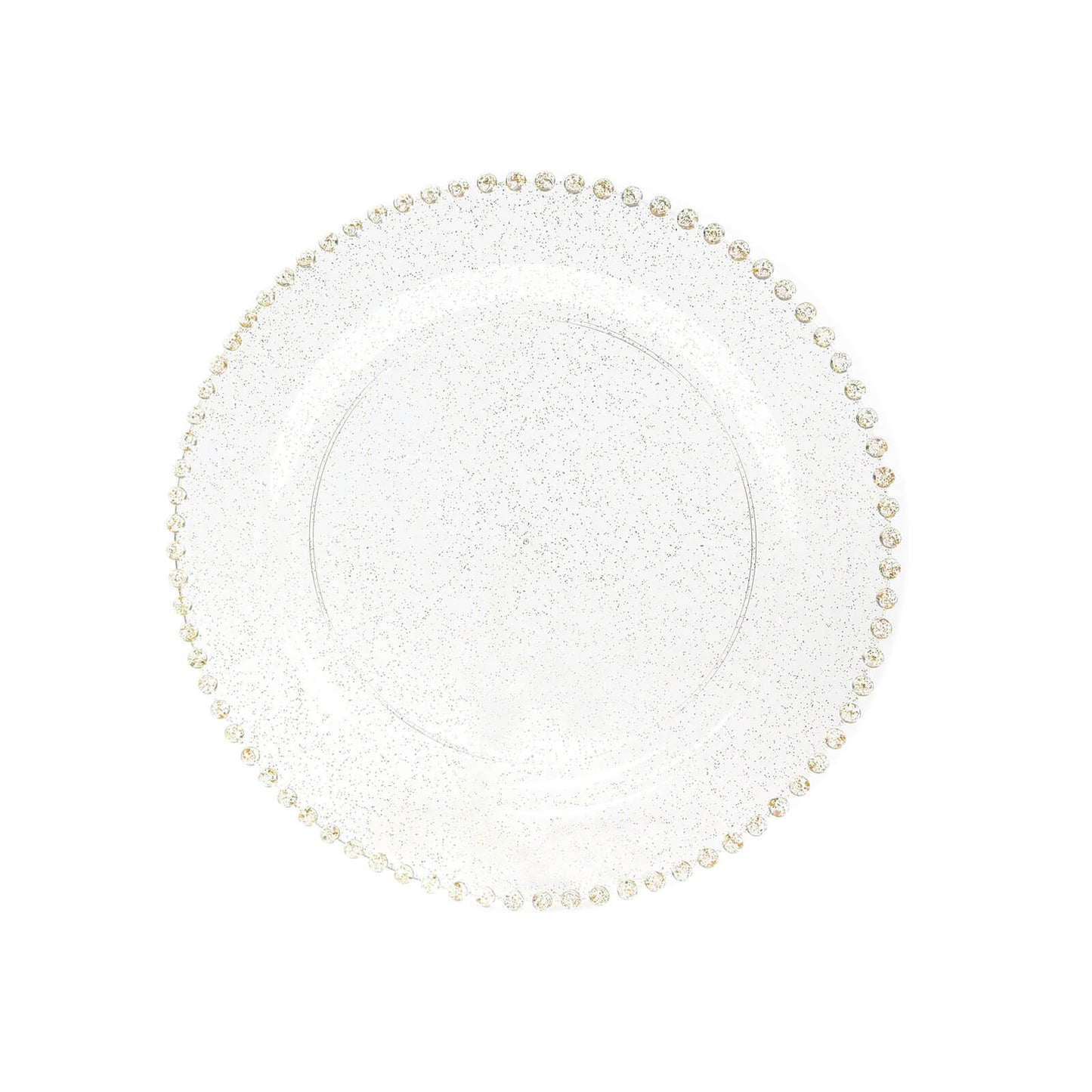 10-Pack Economy Round Plastic Charger Plates 13" in Clear/Gold Glitter with Beaded Rim, Stylish Dinner Party Serving Plates