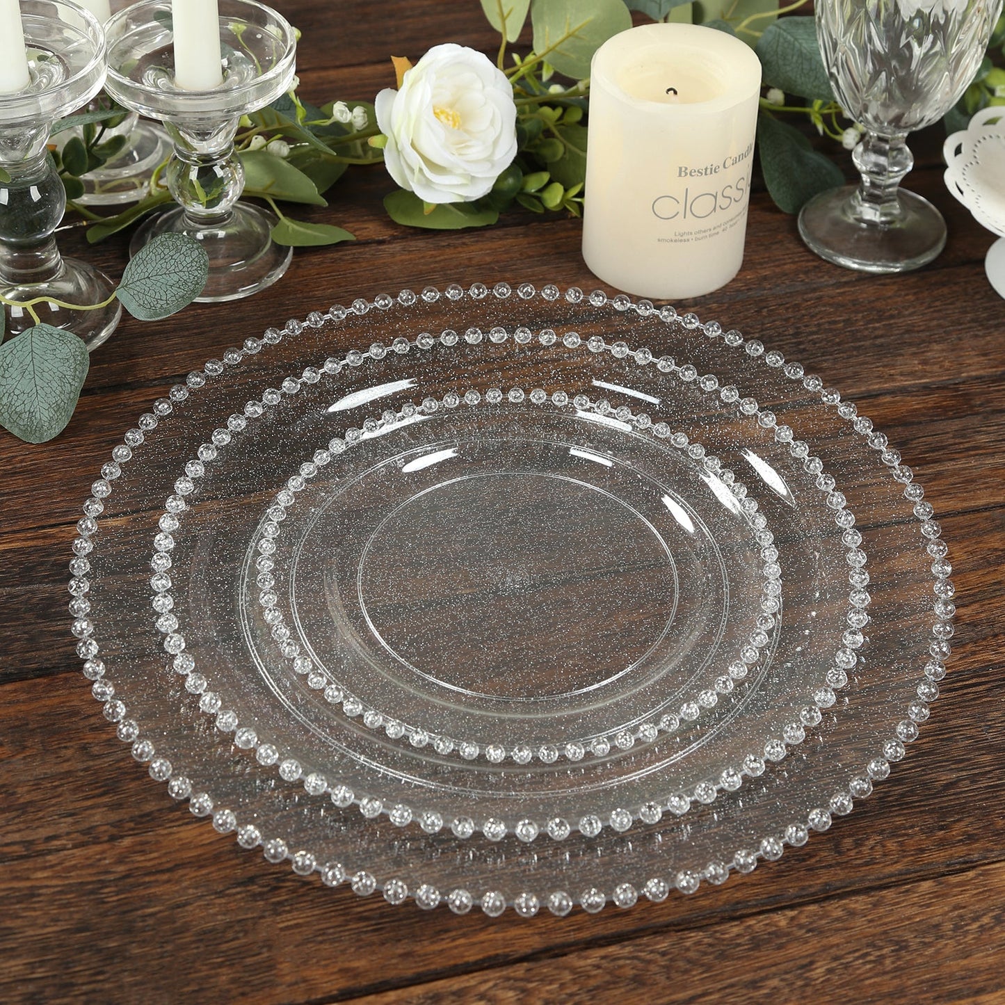 10-Pack Economy Round Plastic Charger Plates 13" in Clear/Silver Glitter with Beaded Rim, Stylish Dinner Party Serving Plates