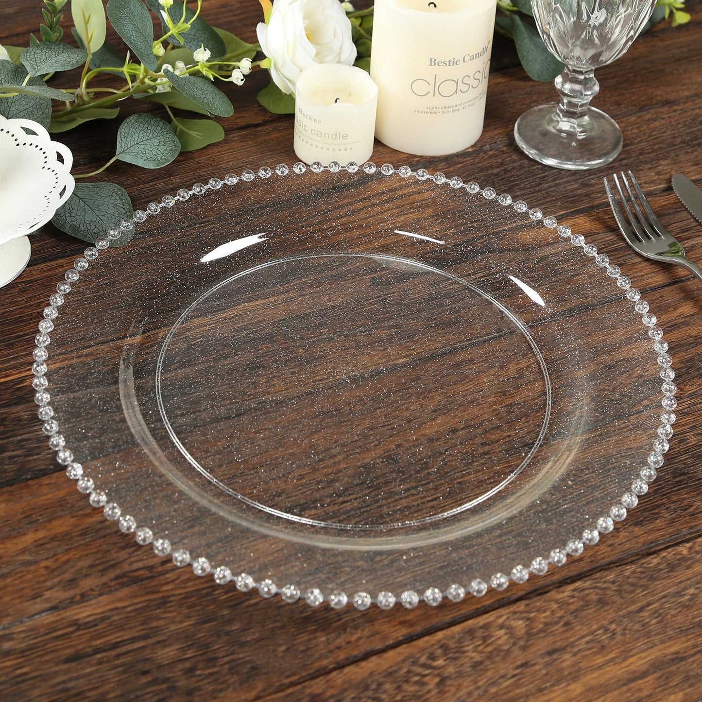 10-Pack Economy Round Plastic Charger Plates 13" in Clear/Silver Glitter with Beaded Rim, Stylish Dinner Party Serving Plates
