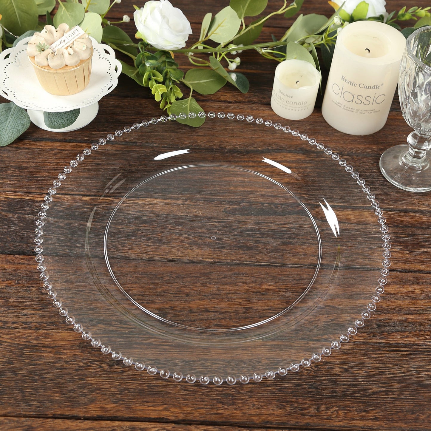 10-Pack Economy Round Plastic Charger Plates 13" in Clear Beaded Rim, Stylish Dinner Party Serving Plates