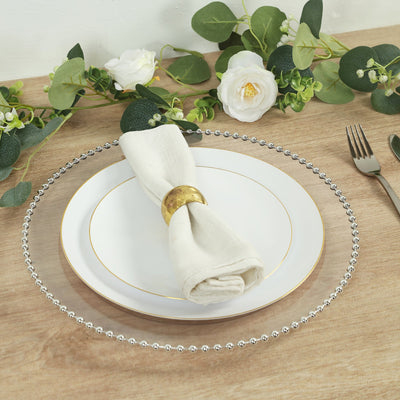 10-Pack Economy Round Plastic Charger Plates 13" in Clear with Silver Beaded Rim, Stylish Dinner Party Serving Plates