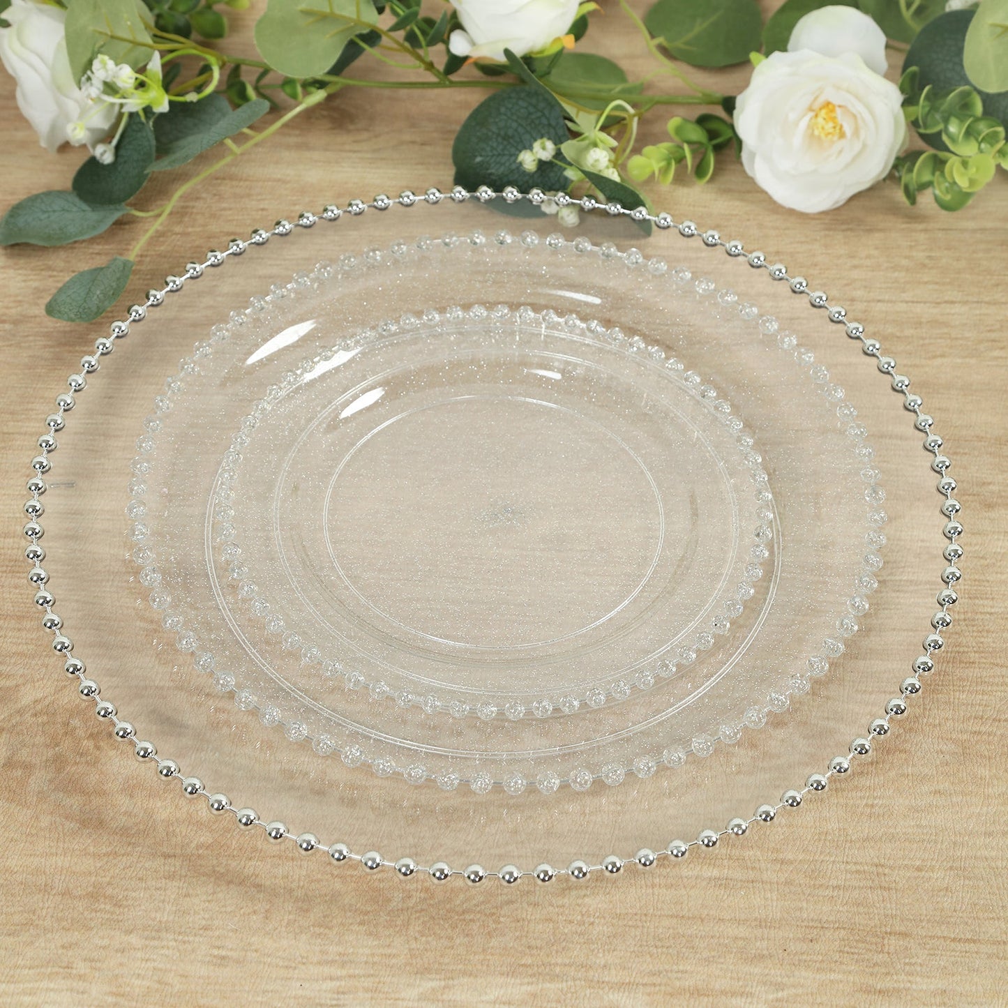 10-Pack Economy Round Plastic Charger Plates 13" in Clear with Silver Beaded Rim, Stylish Dinner Party Serving Plates