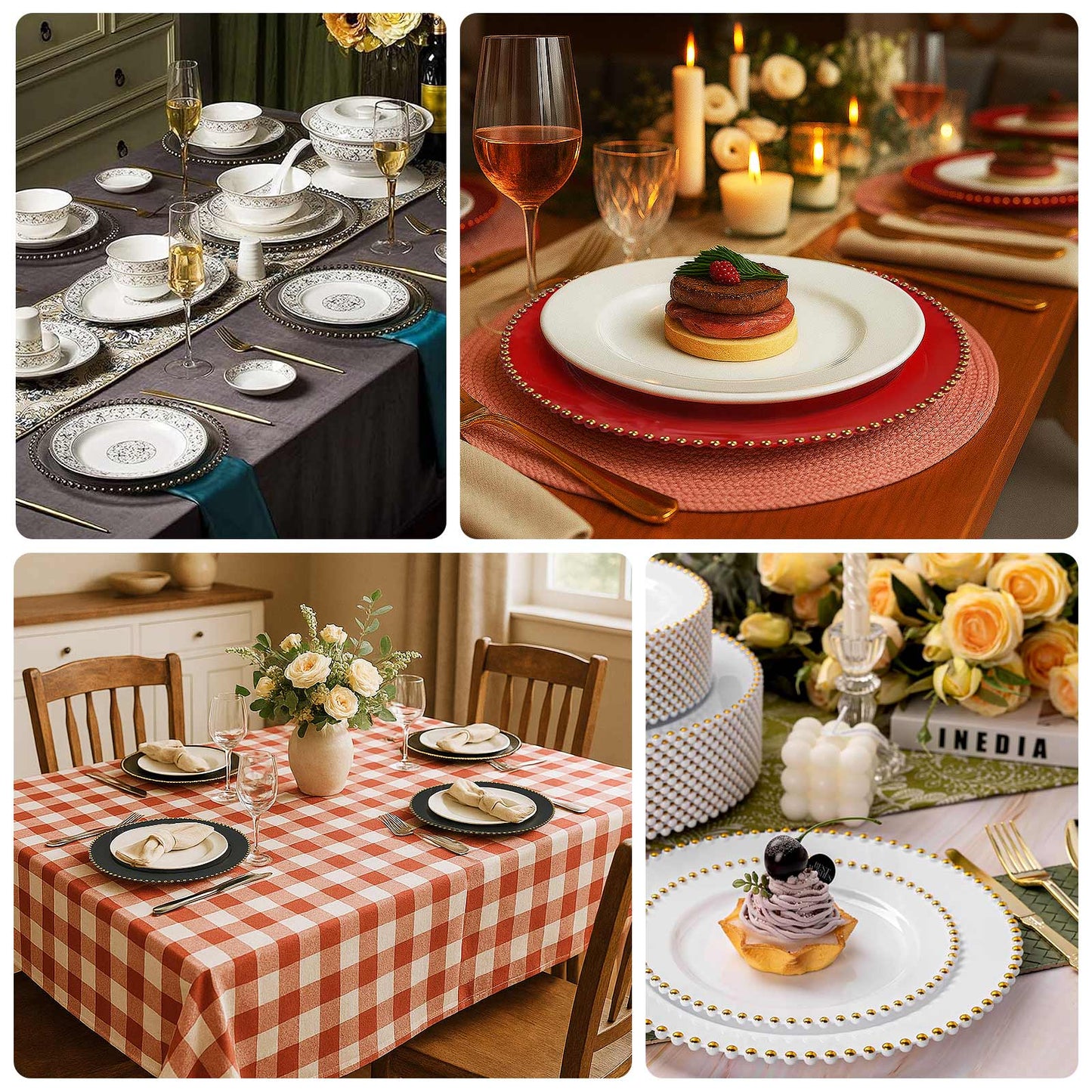 10-Pack Economy Round Plastic Charger Plates 13" in Red with Gold Beaded Rim, Stylish Dinner Party Serving Plates