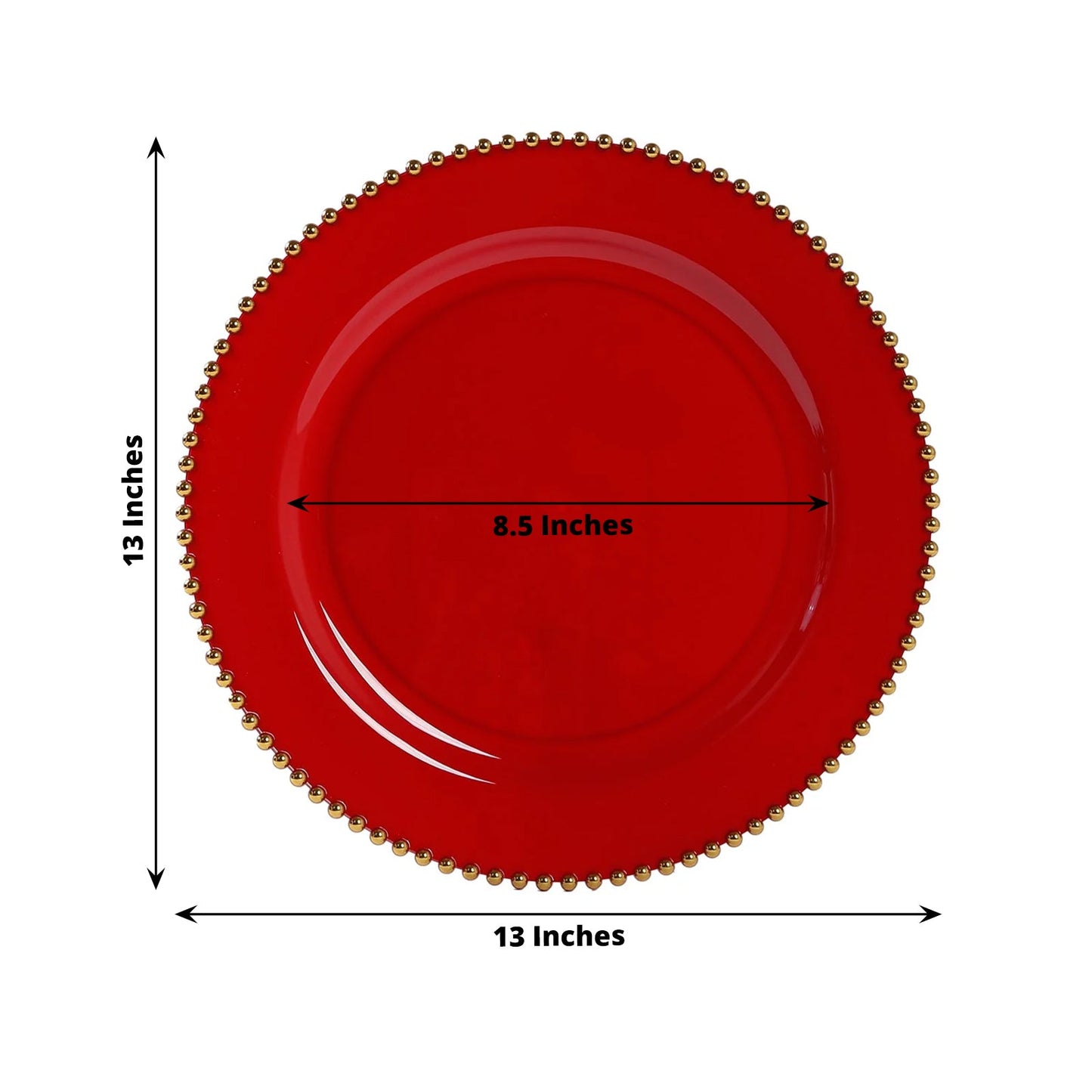 10-Pack Economy Round Plastic Charger Plates 13" in Red with Gold Beaded Rim, Stylish Dinner Party Serving Plates