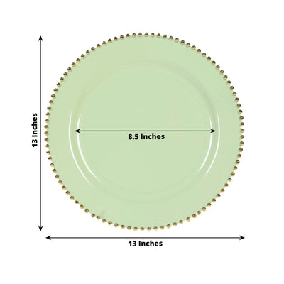 10-Pack Economy Round Plastic Charger Plates 13" in Sage Green with Gold Beaded Rim, Stylish Dinner Party Serving Plates