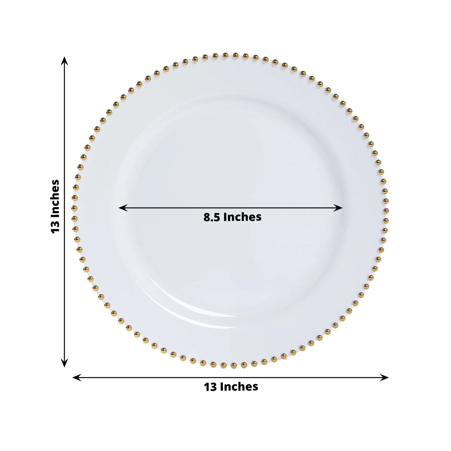 10-Pack Economy Round Plastic Charger Plates 13" in White with Gold Beaded Rim, Stylish Dinner Party Serving Plates