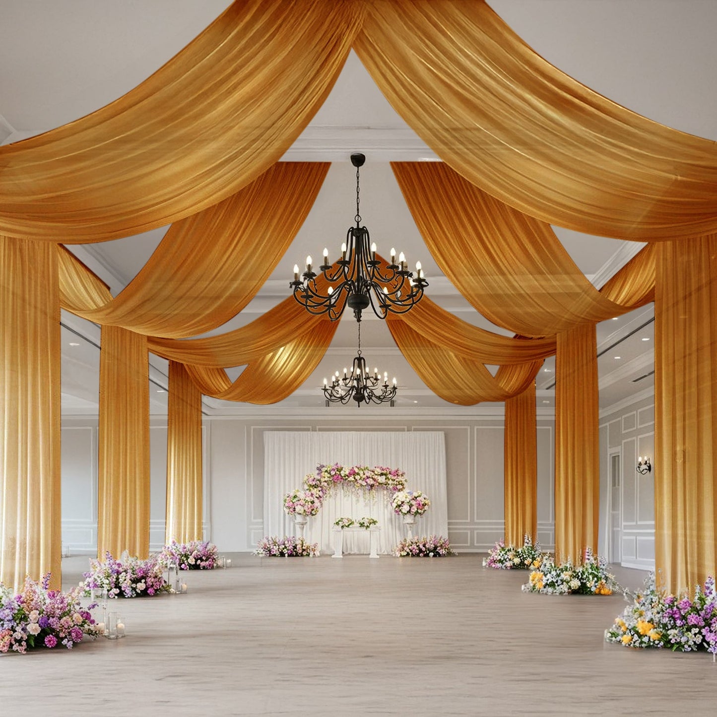 Gold Sheer Backdrop Drape â€“ 5ftx32ft Wedding Arch & Ceiling Decor Panel, Wrinkle Free with Soft Shimmer