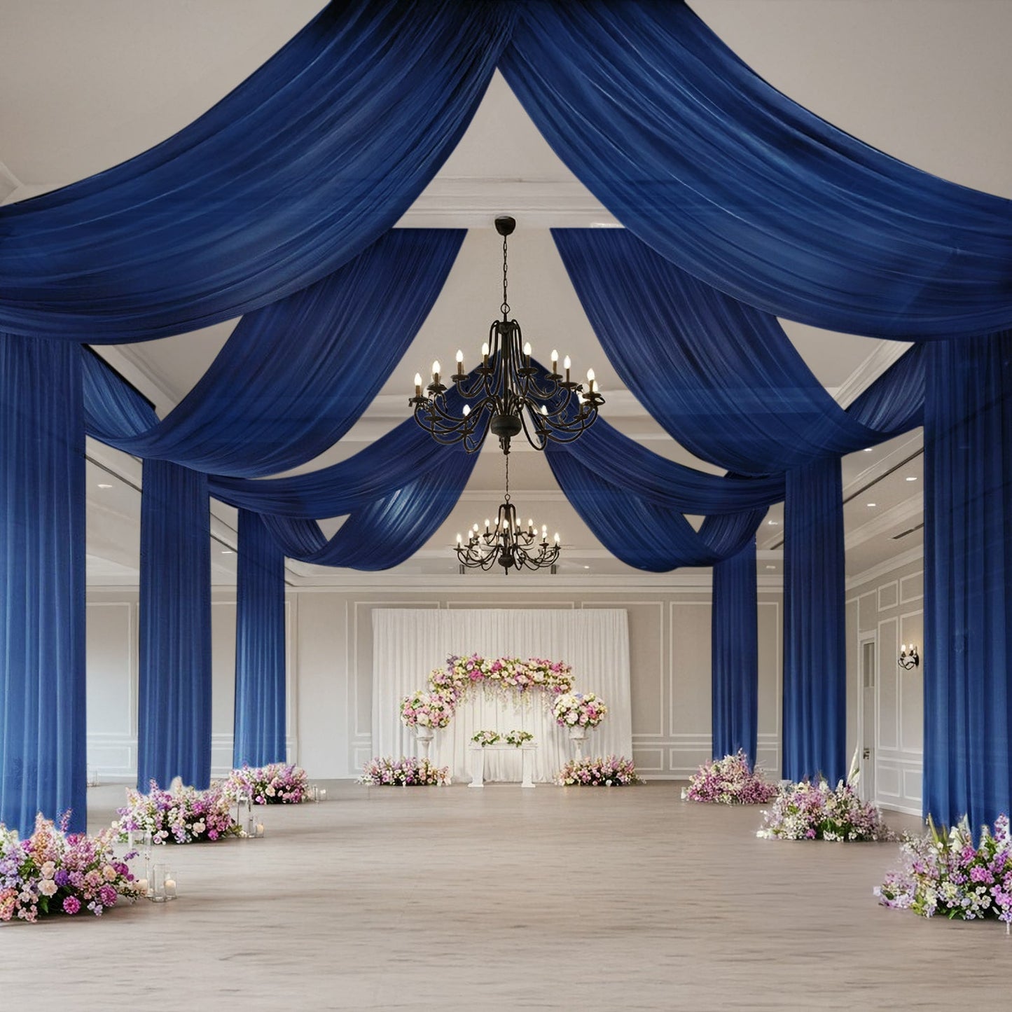 Navy Blue Sheer Backdrop Drape â€“ 5ftx32ft Wedding Arch & Ceiling Decor Panel, Wrinkle Free with Soft Shimmer