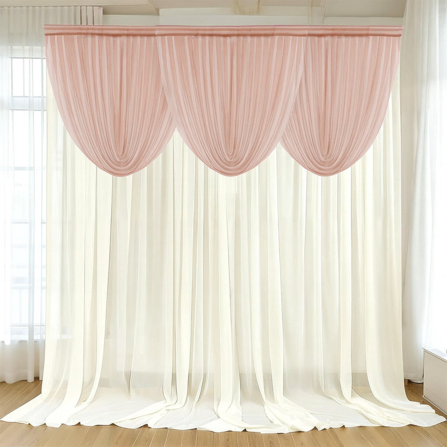 4ft x 4ft Sheer Chiffon Backdrop Valance Drapes â€“ Blush Curved Swag Topper Panel