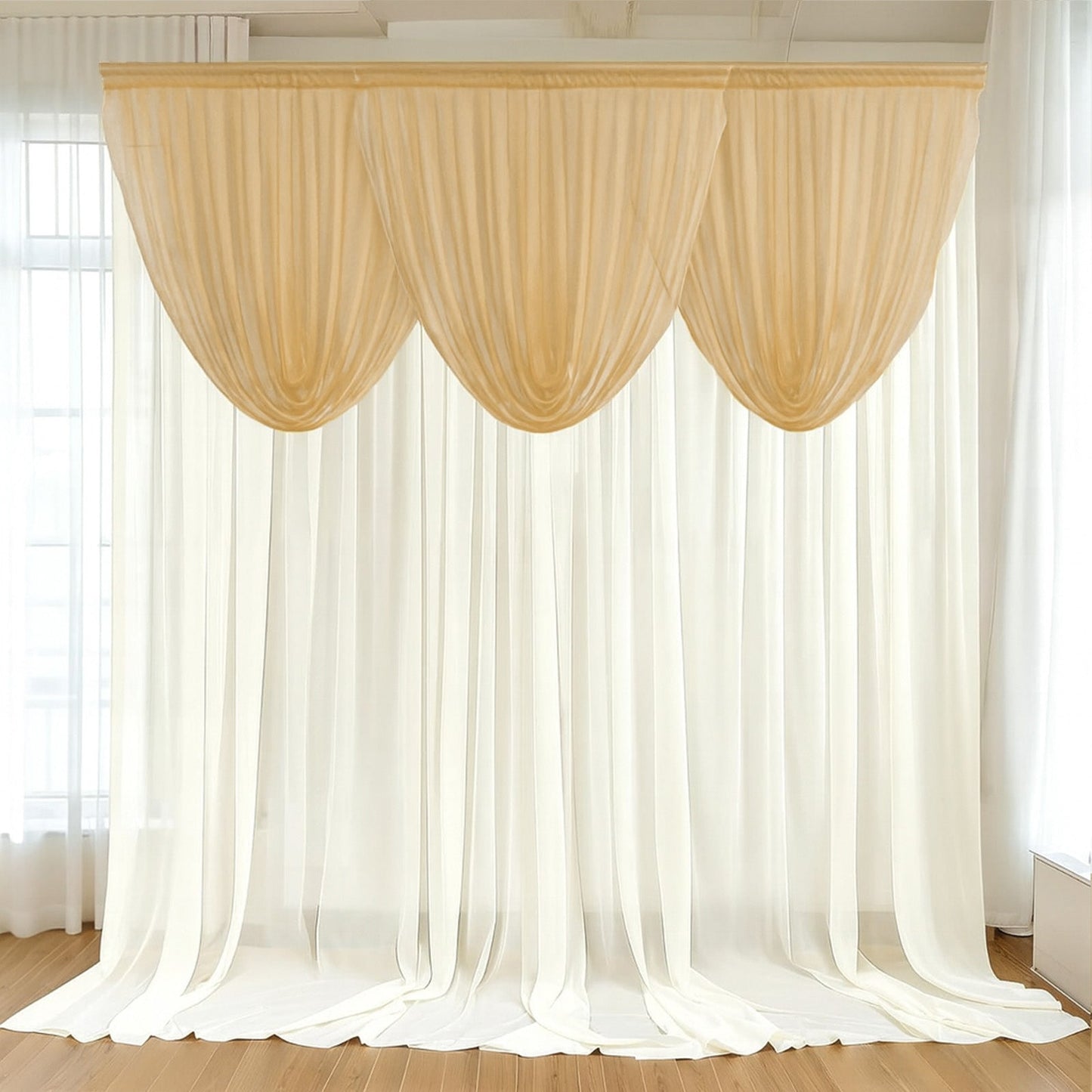 4ft x 4ft Sheer Chiffon Backdrop Valance Drapes â€“ Champagne Curved Swag Topper Panel