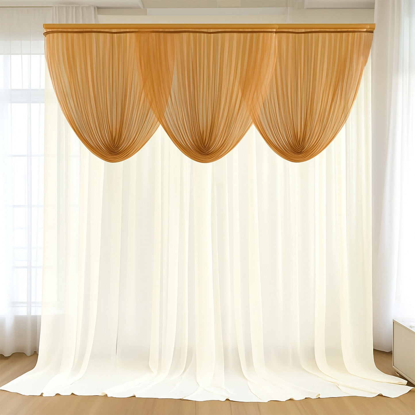 4ft x 4ft Sheer Chiffon Backdrop Valance Drapes â€“ Gold Curved Swag Topper Panel