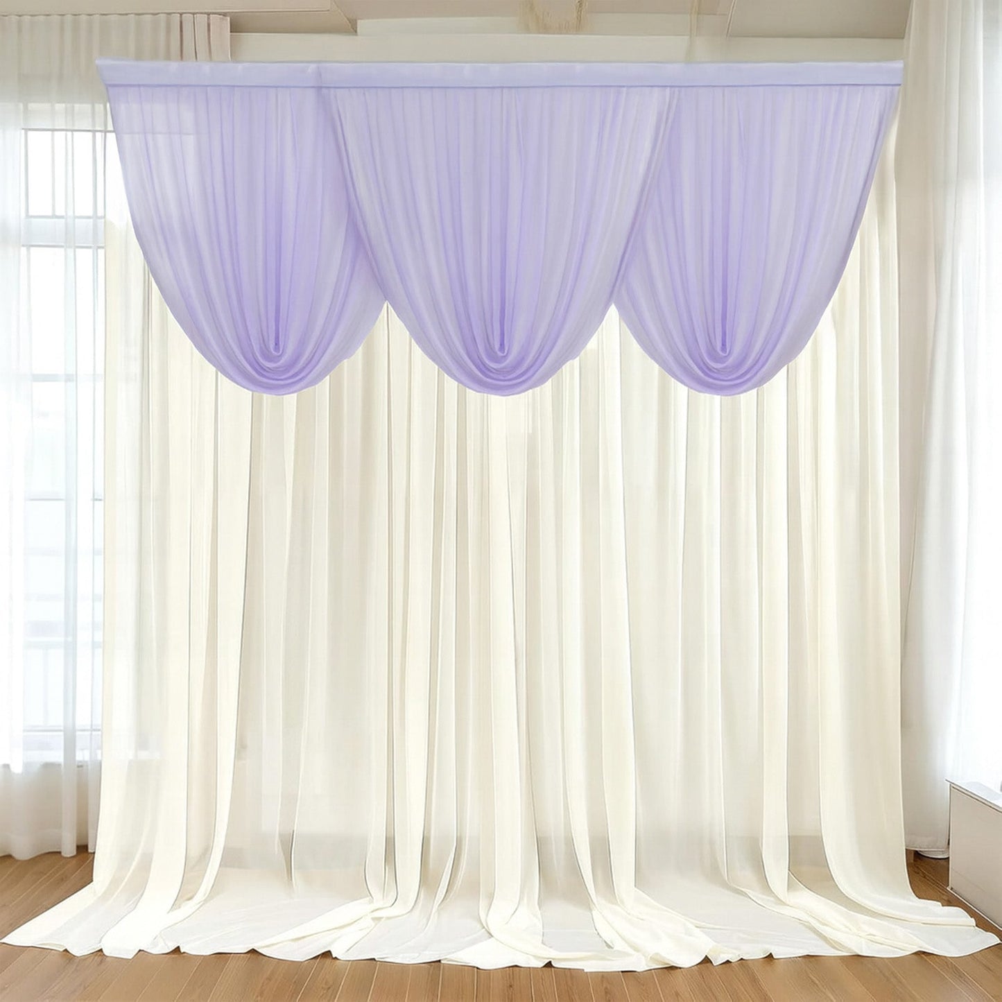 4ft x 4ft Sheer Chiffon Backdrop Valance Drapes â€“ Lavender Lilac Curved Swag Topper Panel