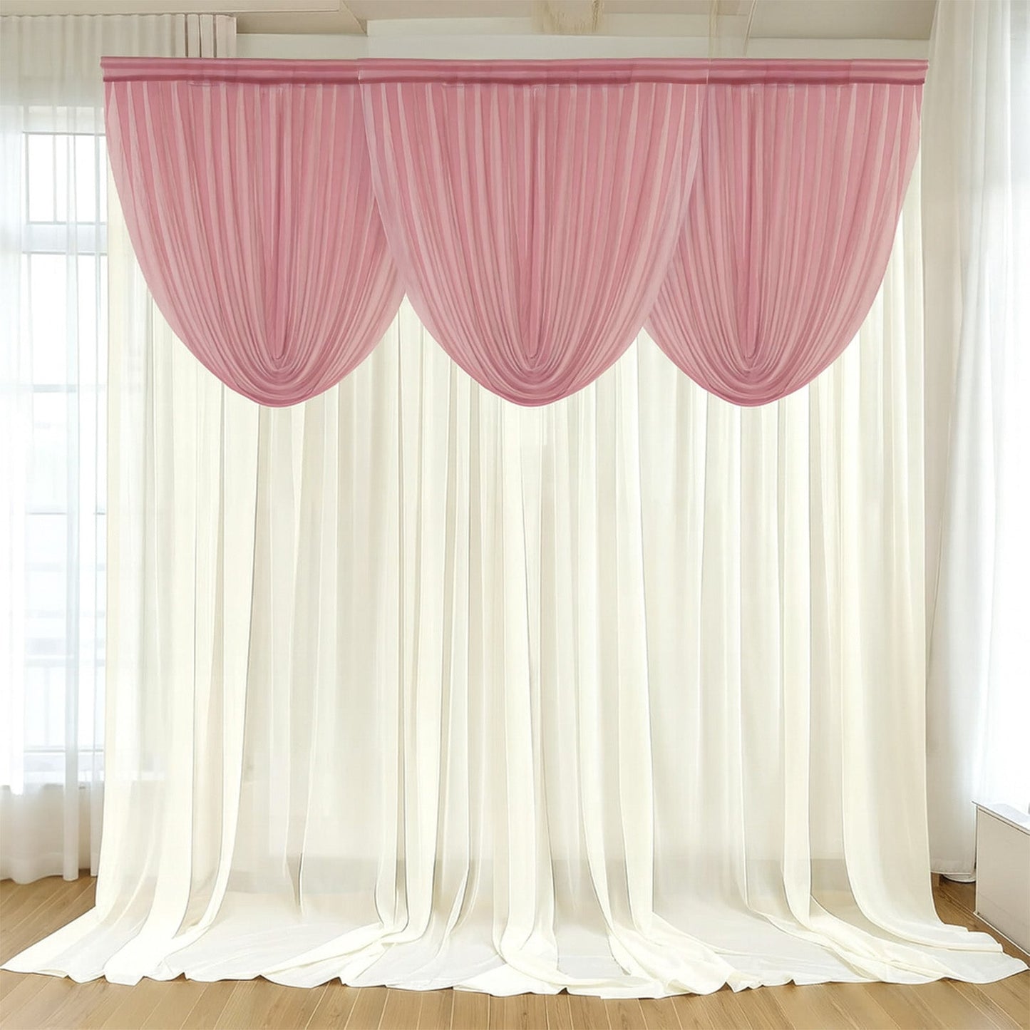 4ft x 4ft Sheer Chiffon Backdrop Valance Drapes â€“ Mauve Cinnamon Rose Curved Swag Topper Panel