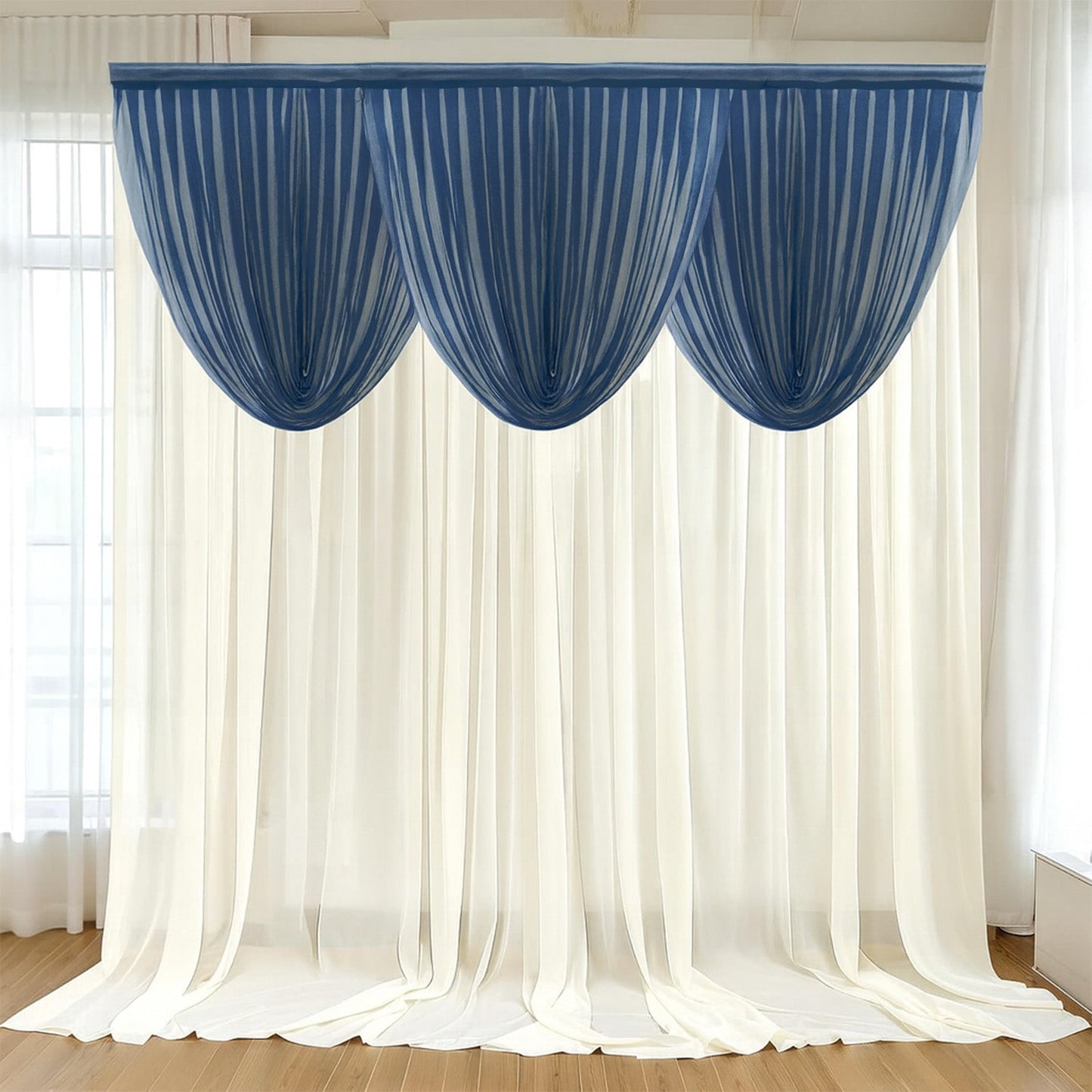 4ft x 4ft Sheer Chiffon Backdrop Valance Drapes â€“ Navy Blue Curved Swag Topper Panel