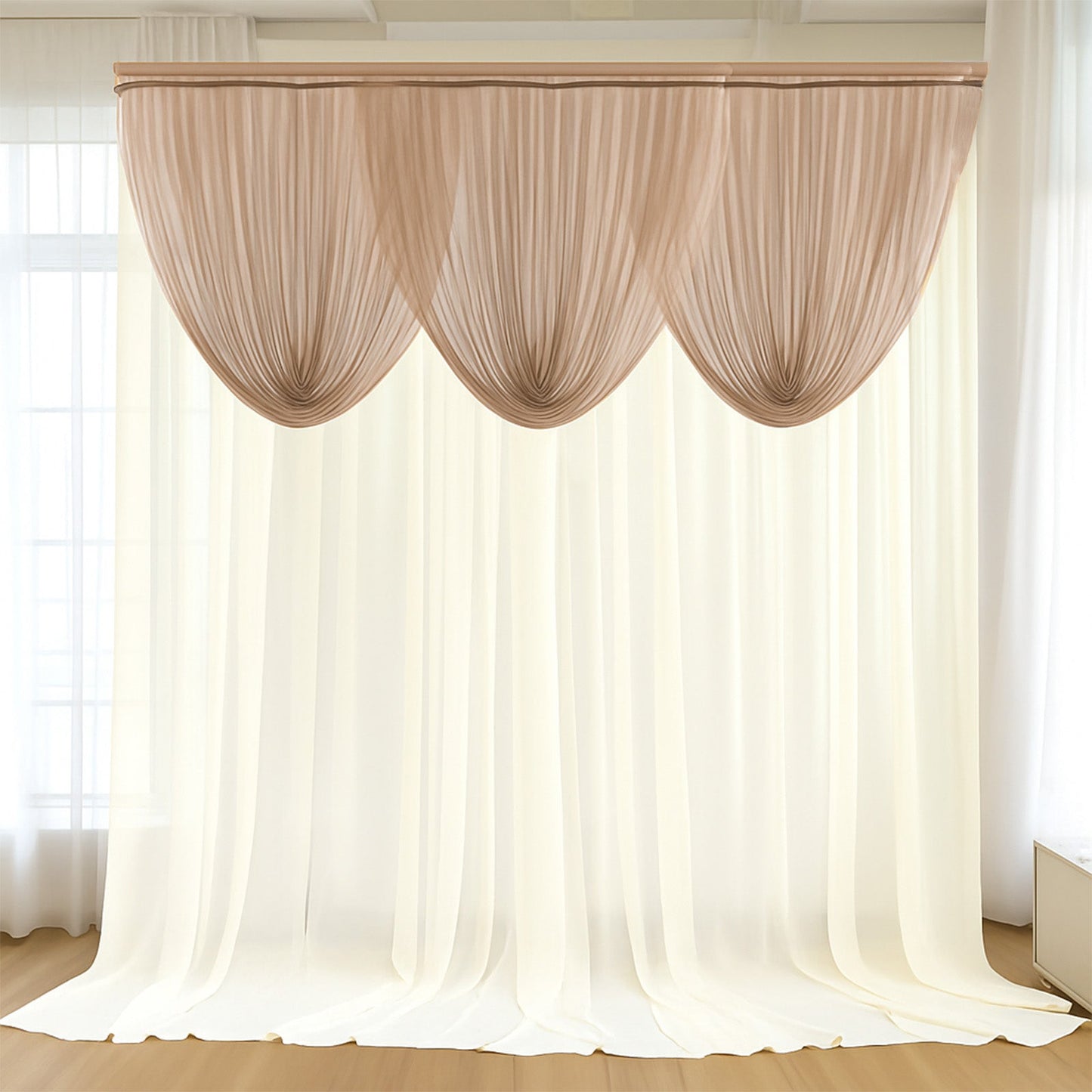 4ft x 4ft Sheer Chiffon Backdrop Valance Drapes â€“ Taupe Curved Swag Topper Panel