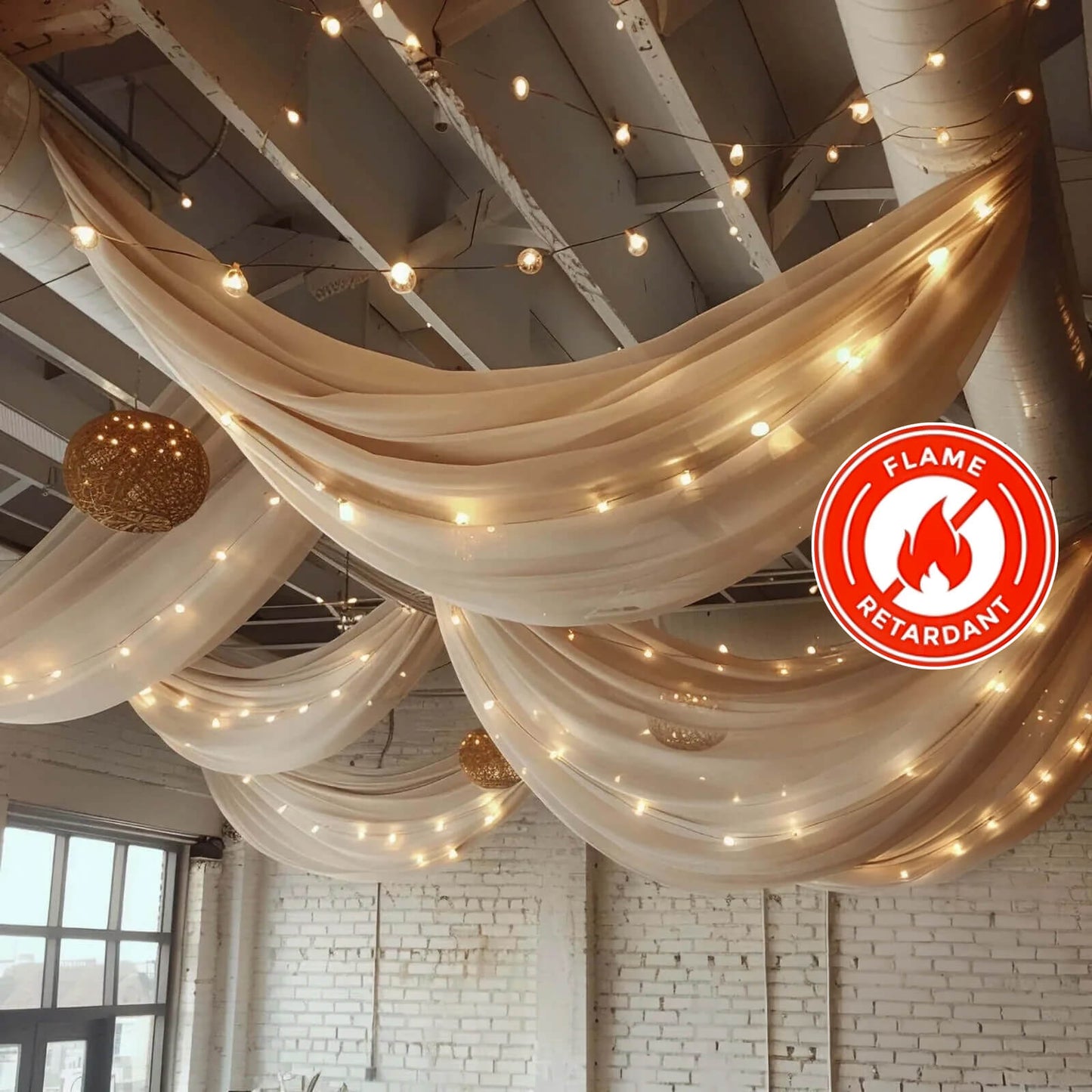 5ftx32ft Natural Chiffon Curtain Panel, Durable Flame Resistant Backdrop Ceiling Drapery With Rod Pocket