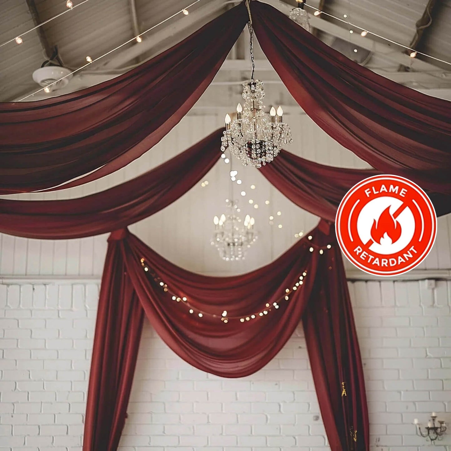 5ftx32ft Burgundy Chiffon Curtain Panel, Durable Flame Resistant Backdrop Ceiling Drapery With Rod Pocket