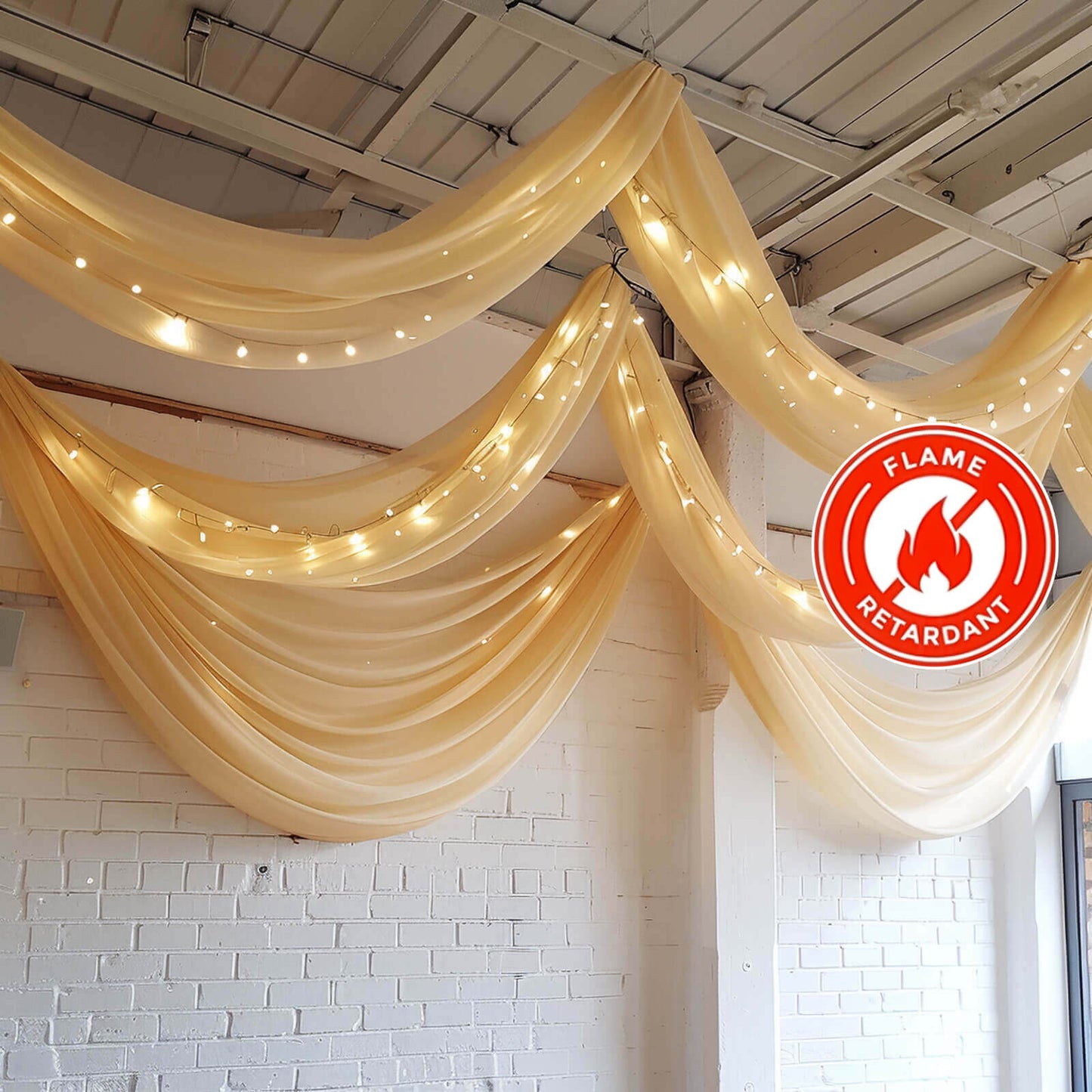 5ftx32ft Champagne Chiffon Curtain Panel, Durable Flame Resistant Backdrop Ceiling Drapery With Rod Pocket