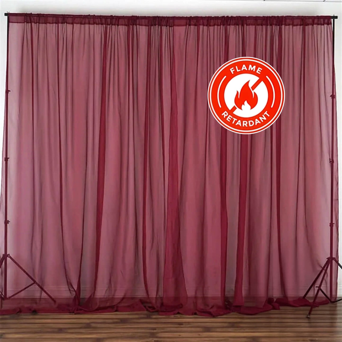 2 Pack Burgundy Sheer Chiffon Event Curtain Drapes, Durable Flame Resistant Organza Backdrop Event Panels With Rod Pockets - 10ftx10ft
