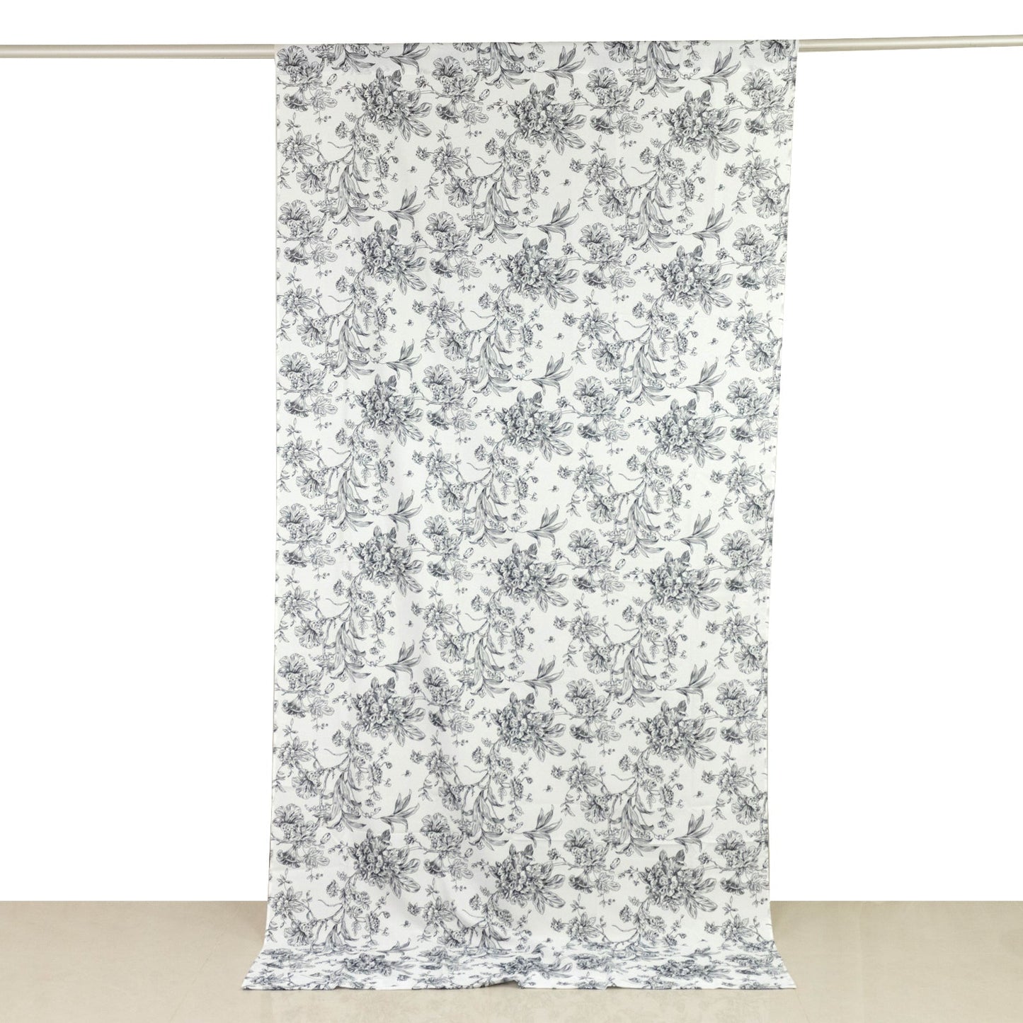 French Toile Polyester Backdrop Curtain â€“ Black Floral 5ft x 10ft Rod Pocket Drape Panel