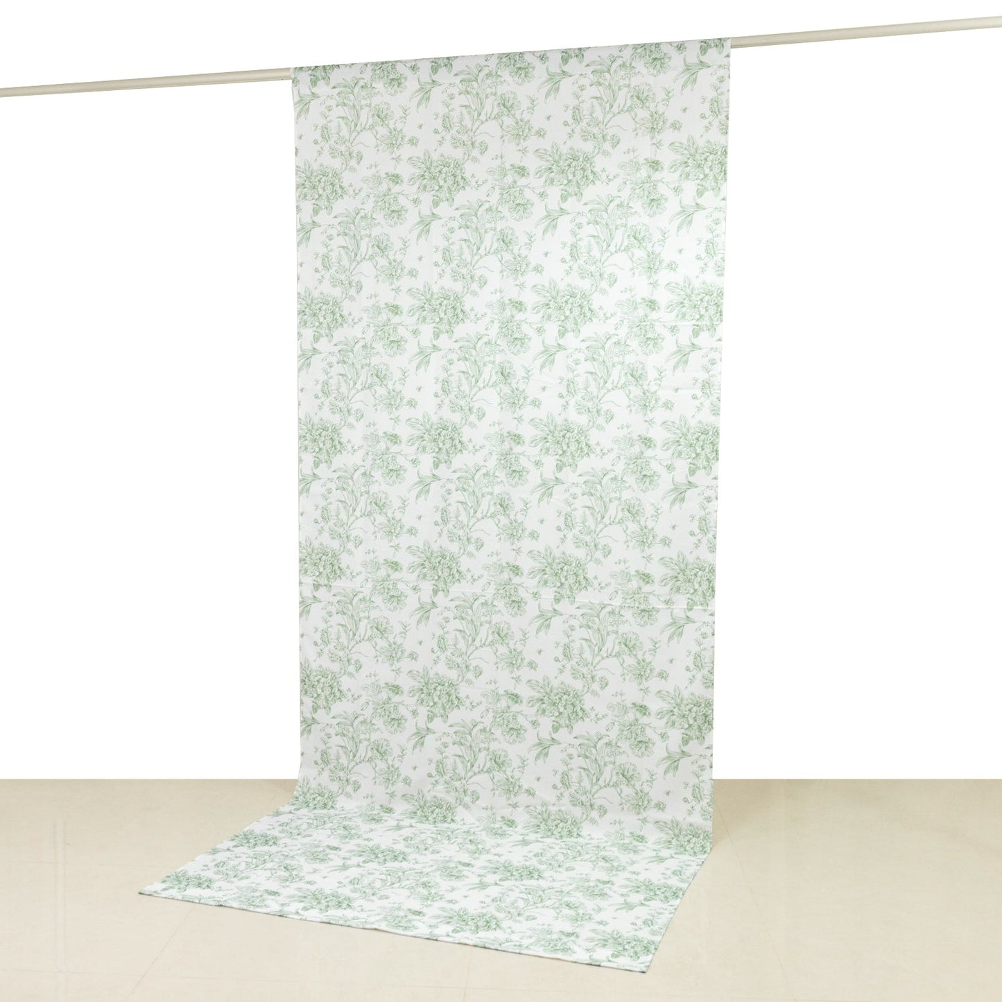 French Toile Polyester Backdrop Curtain â€“ Dusty Sage Green Floral 5ft x 12ft Rod Pocket Drape Panel