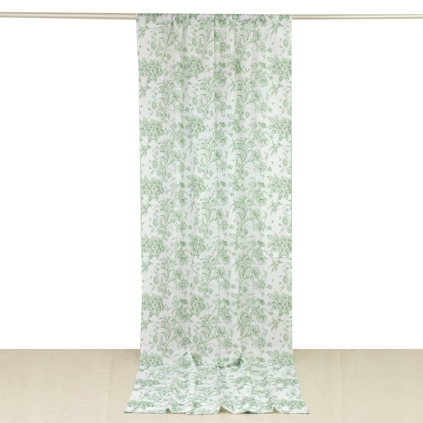 French Toile Polyester Backdrop Curtain â€“ Dusty Sage Green Floral 5ft x 12ft Rod Pocket Drape Panel